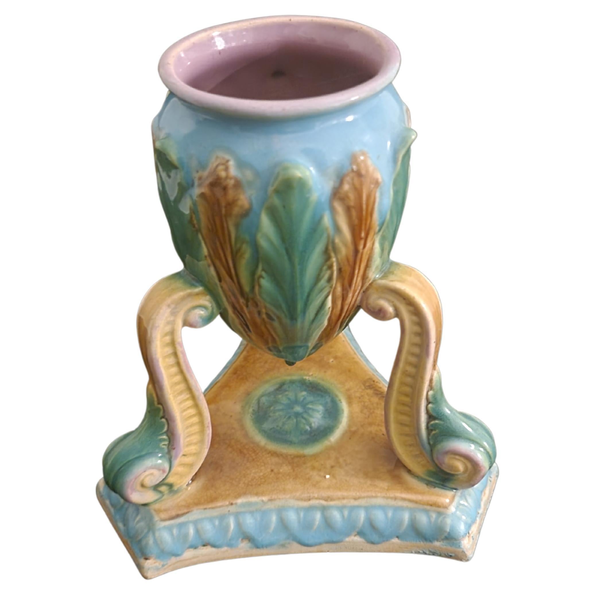 Majolica Tripod Pedestal Vase For Sale
