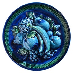 Vintage Majolica Trompe L’Oeil Ceramic Fruit Plate in Blue Mood Indigo by Inarco Japan