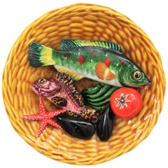 Retro Majolica Ceramic Plate by Lamarche Monaco, Trompe L'oeil Seafood Design