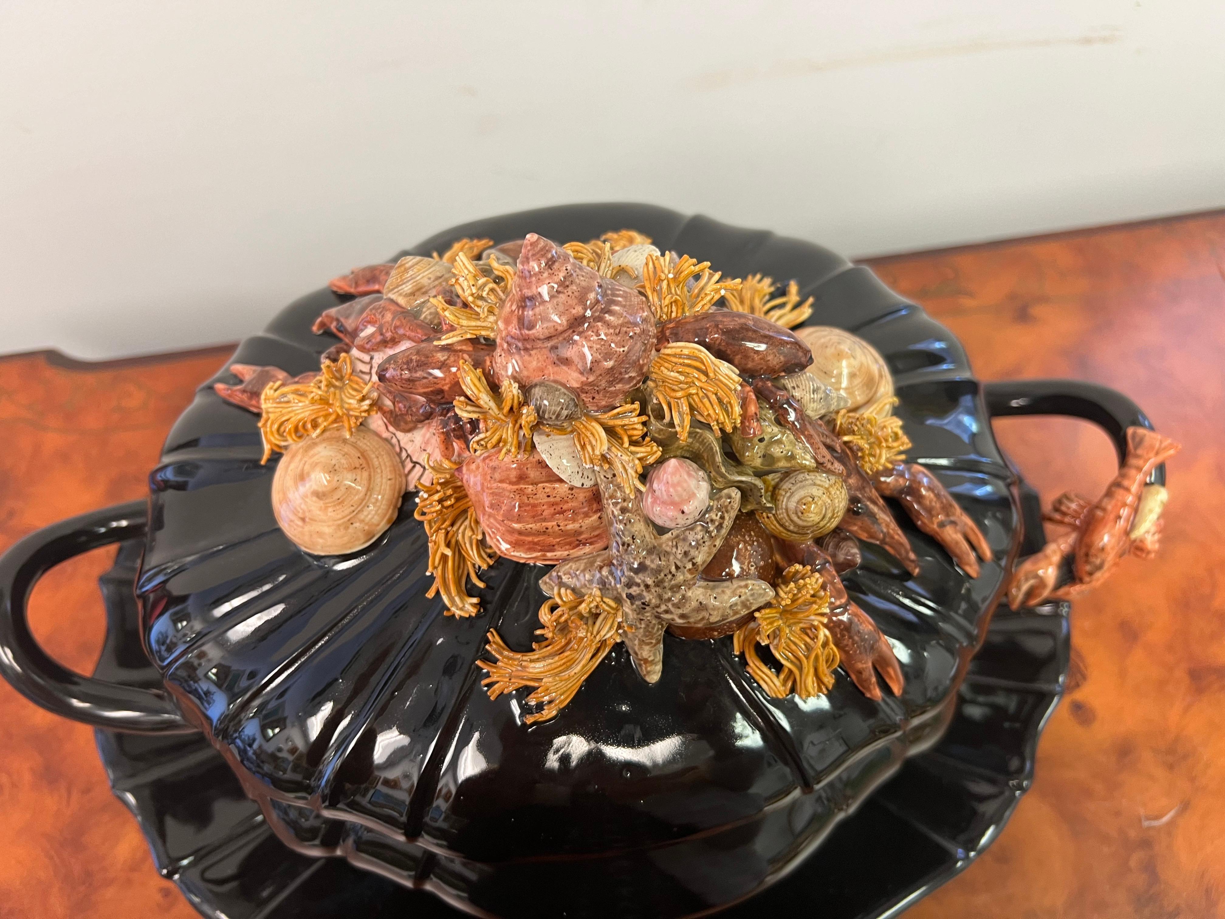 Majolica Trompe-L'œil Ceramic Shellfish Toureen With Platter - a Set of 2 For Sale 1