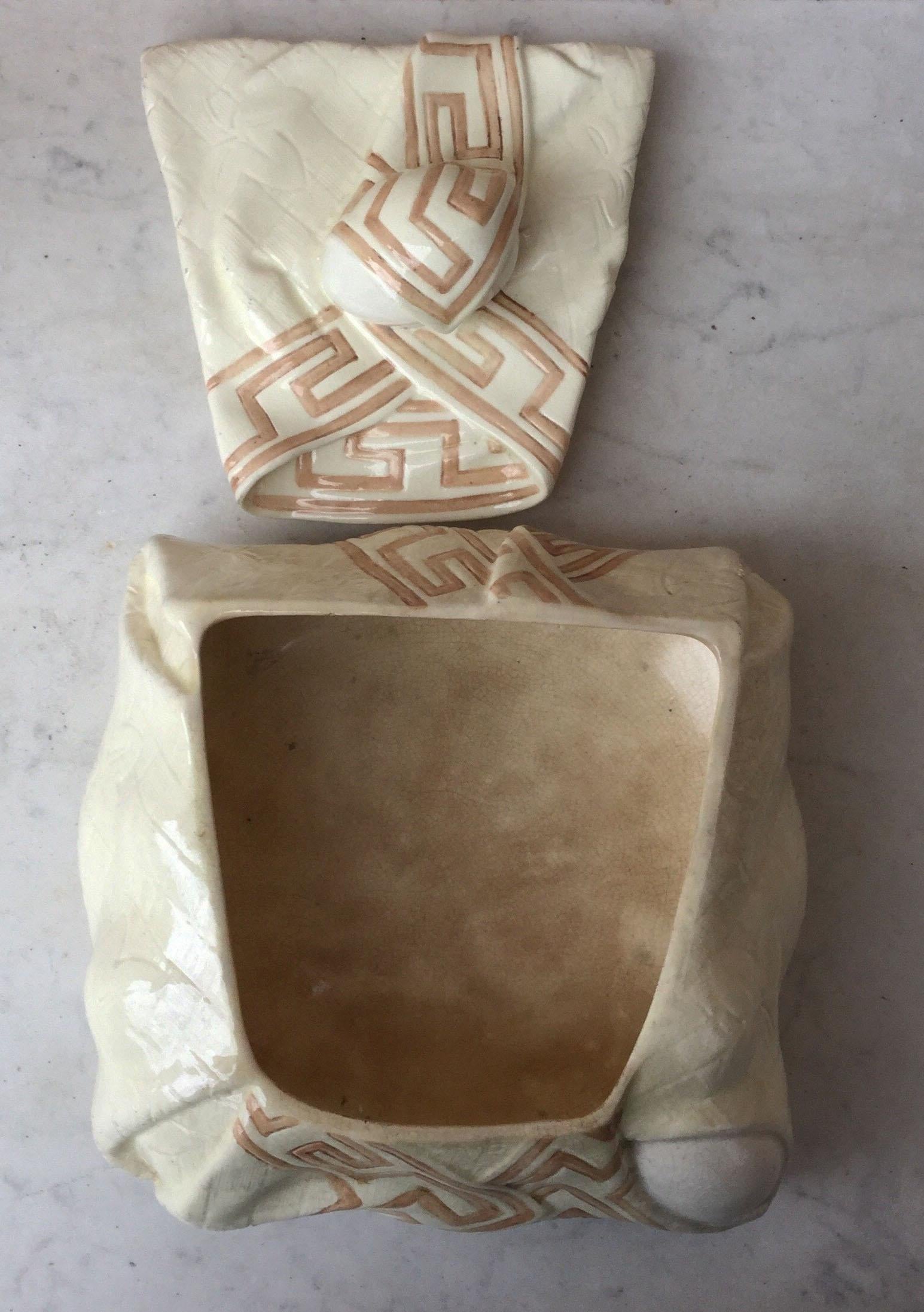 Ceramic Majolica Trompe L'oeil Napkin Egg Basket Box Sarreguemines For Sale