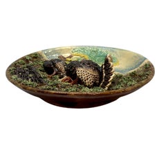 Majolica Trompe l'oeil Plaque with Turkeys, Signed Pinheiro, circa 1890