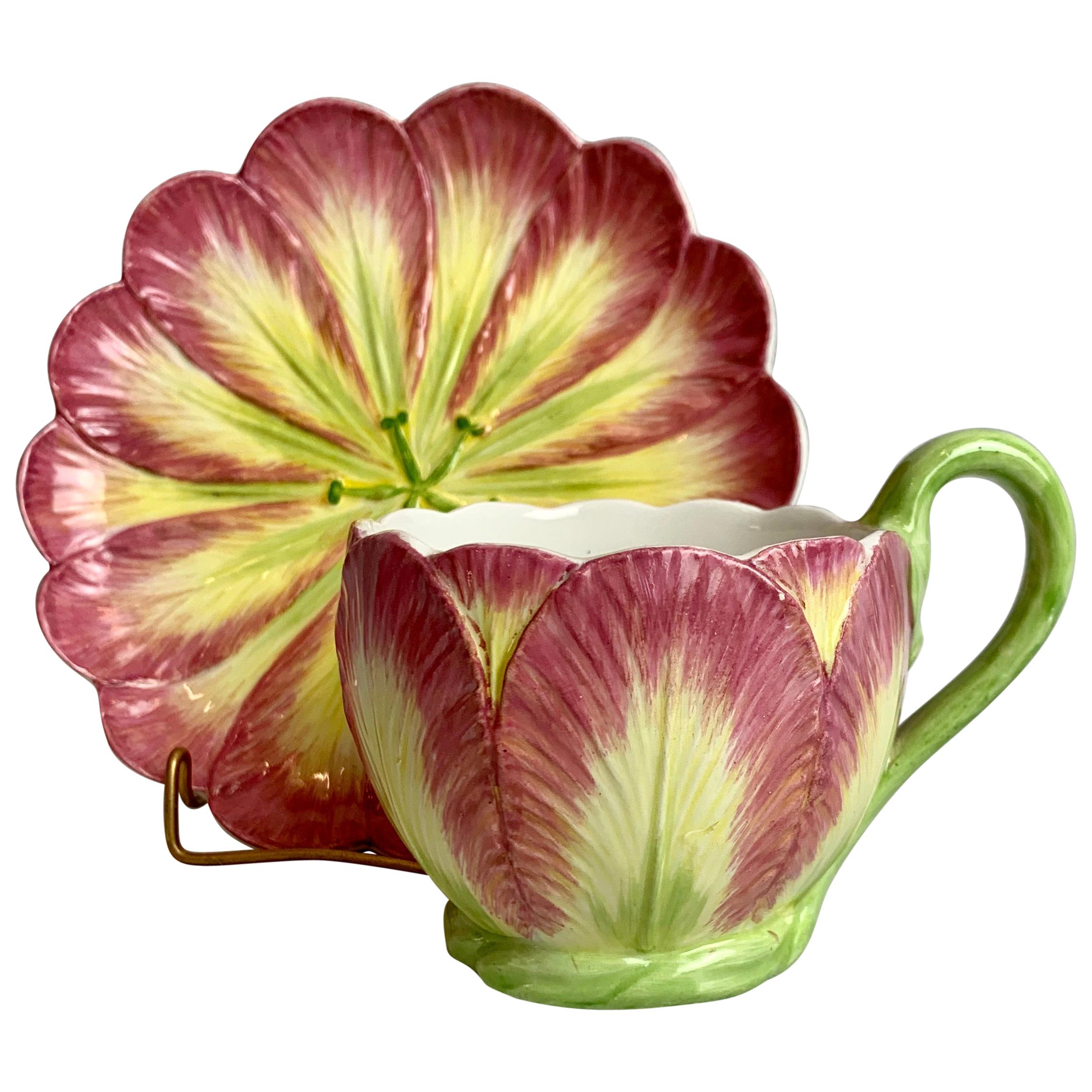  Majolica Cup and Saucer with Tulip Motif by Mottahedeh