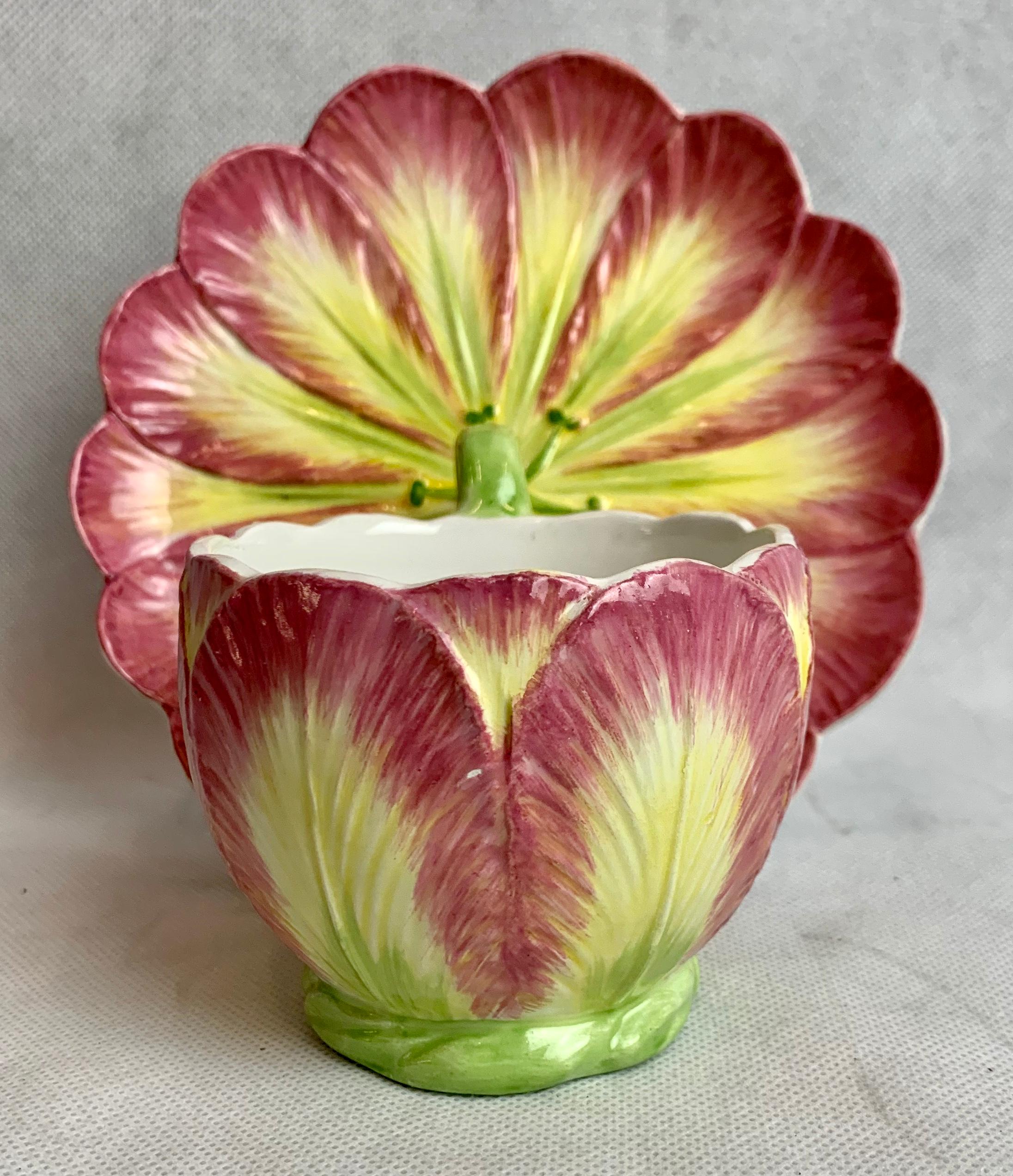 Italian  Majolica Cup and Saucer with Tulip Motif by Mottahedeh