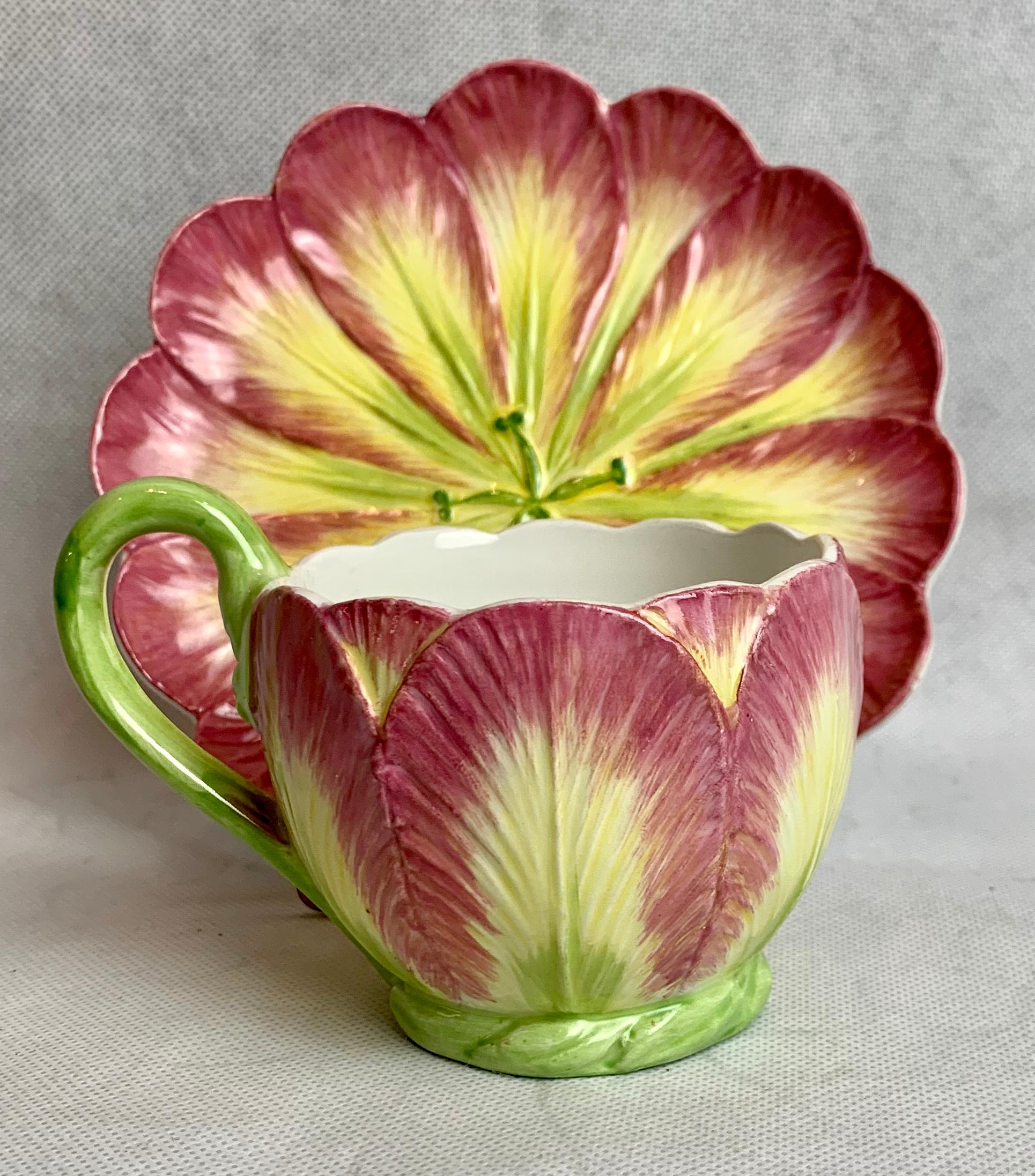 Hand-Painted  Majolica Cup and Saucer with Tulip Motif by Mottahedeh