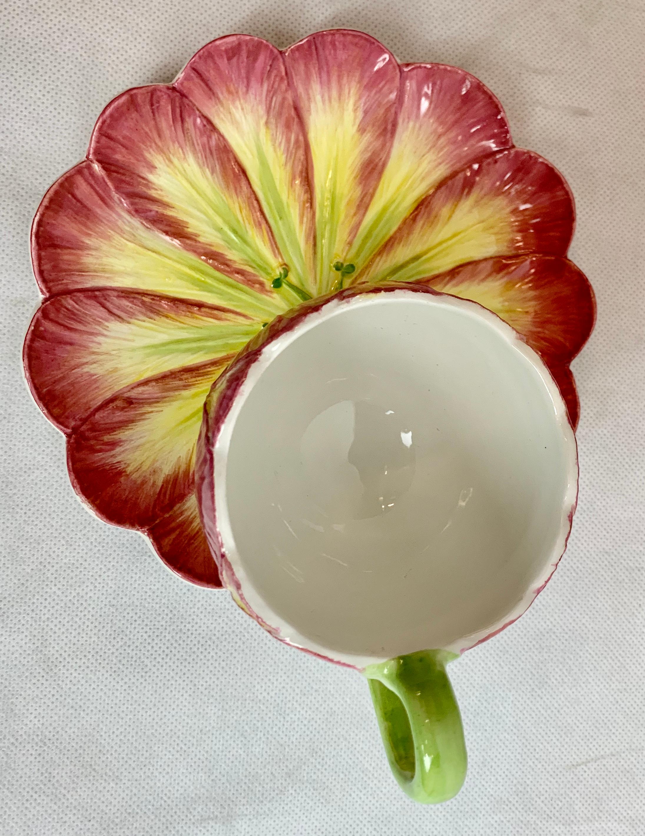  Majolica Cup and Saucer with Tulip Motif by Mottahedeh In Good Condition In West Palm Beach, FL