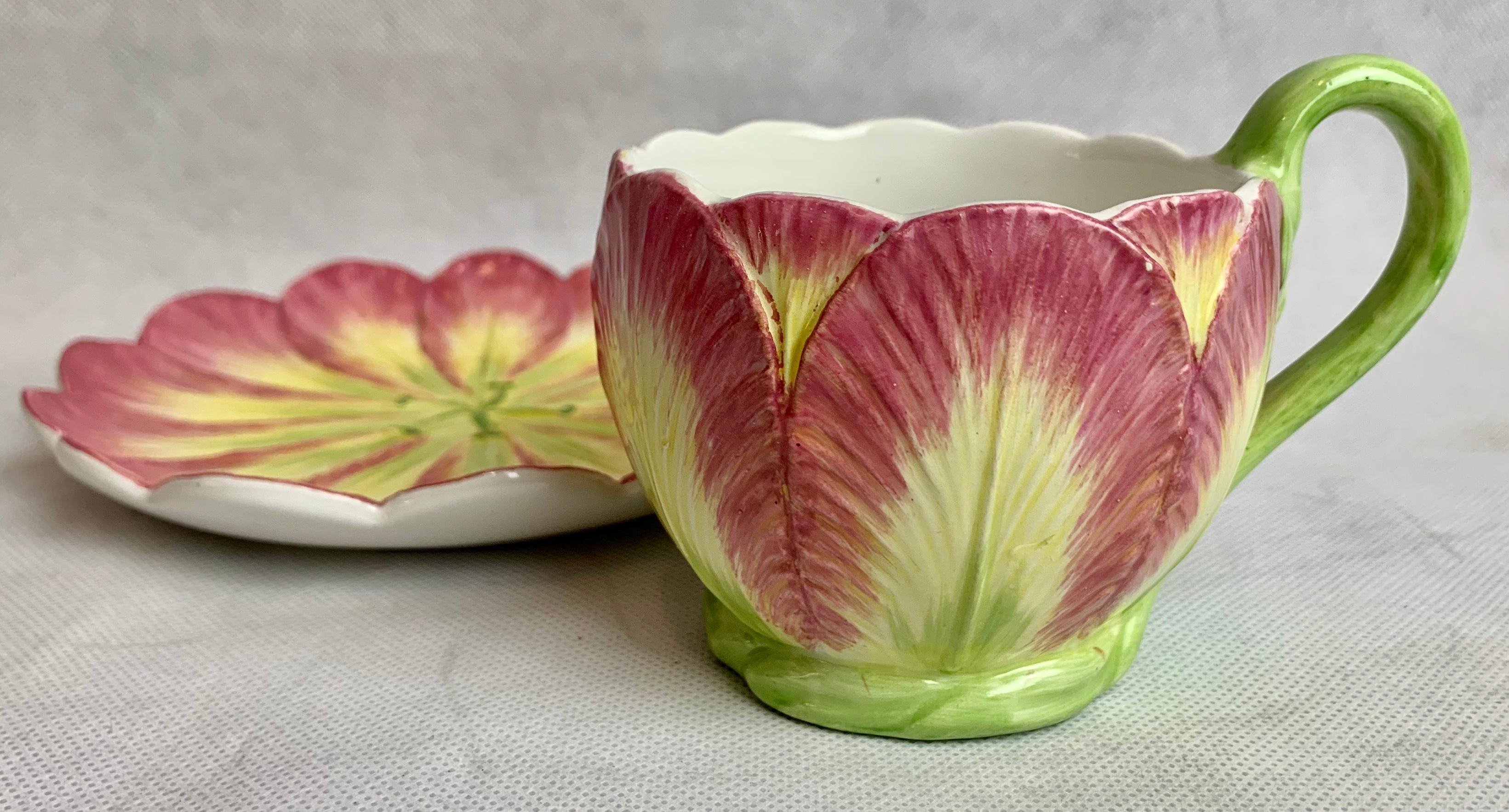 Late 20th Century  Majolica Cup and Saucer with Tulip Motif by Mottahedeh