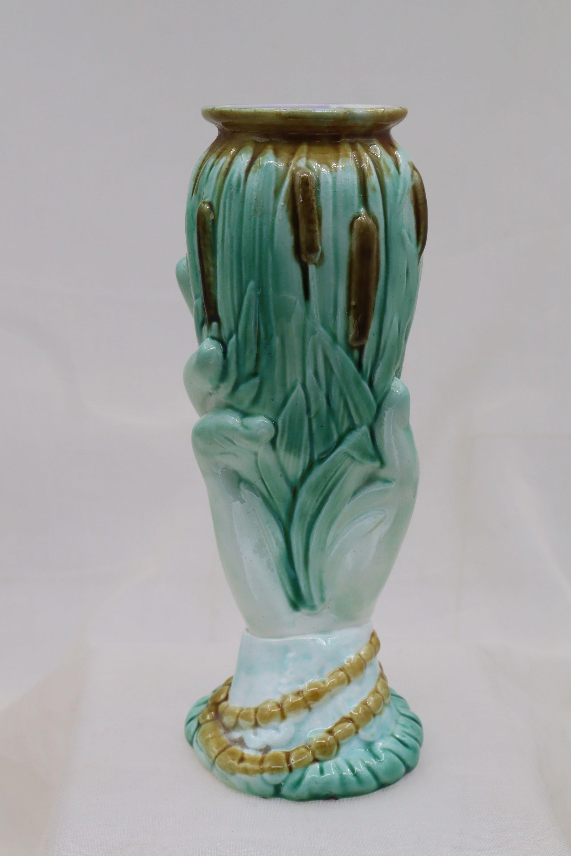 High Victorian Majolica vase of a woman's hand holding bulrushes For Sale