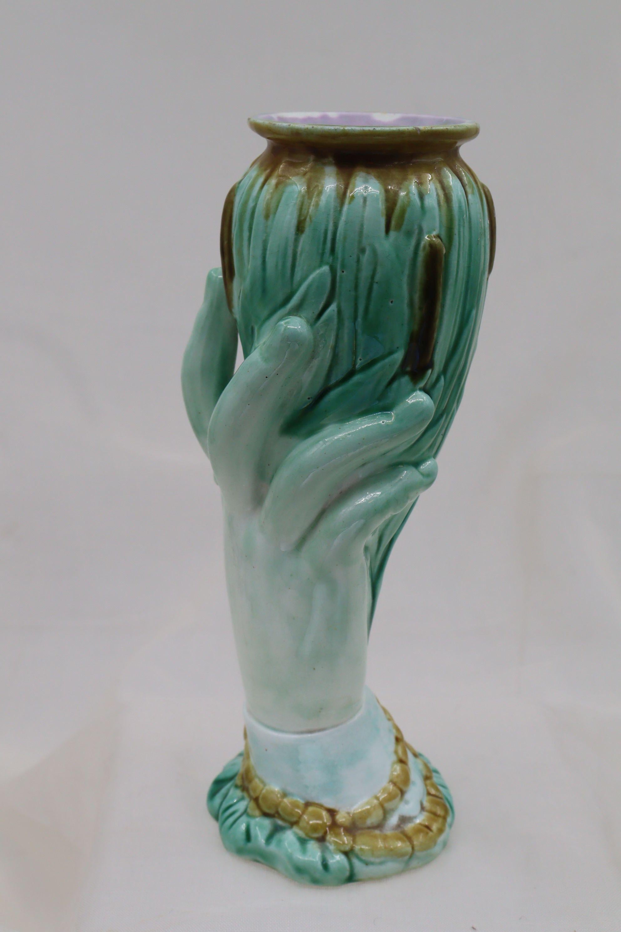 English Majolica vase of a woman's hand holding bulrushes For Sale