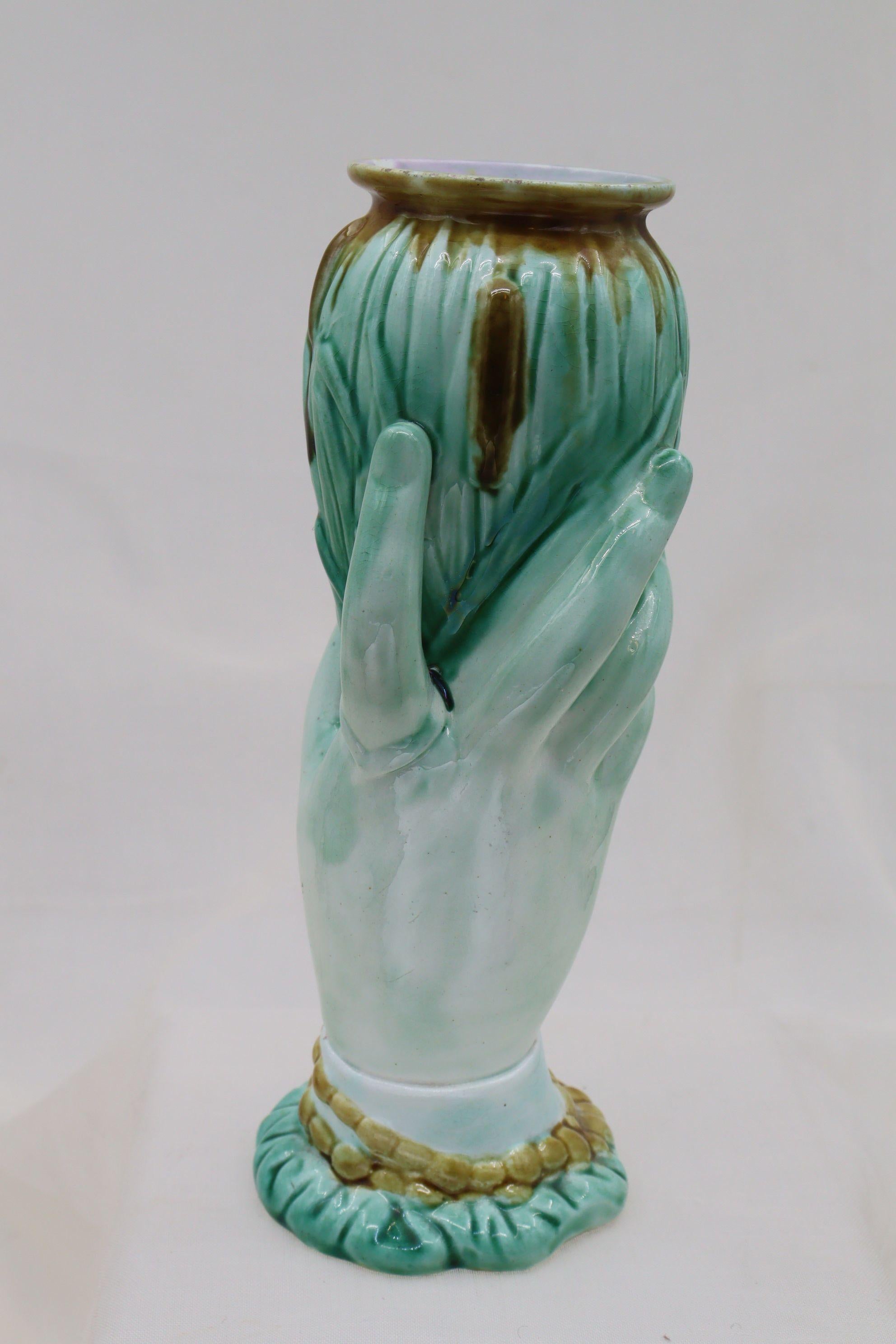 Majolica vase of a woman's hand holding bulrushes In Good Condition For Sale In East Geelong, VIC