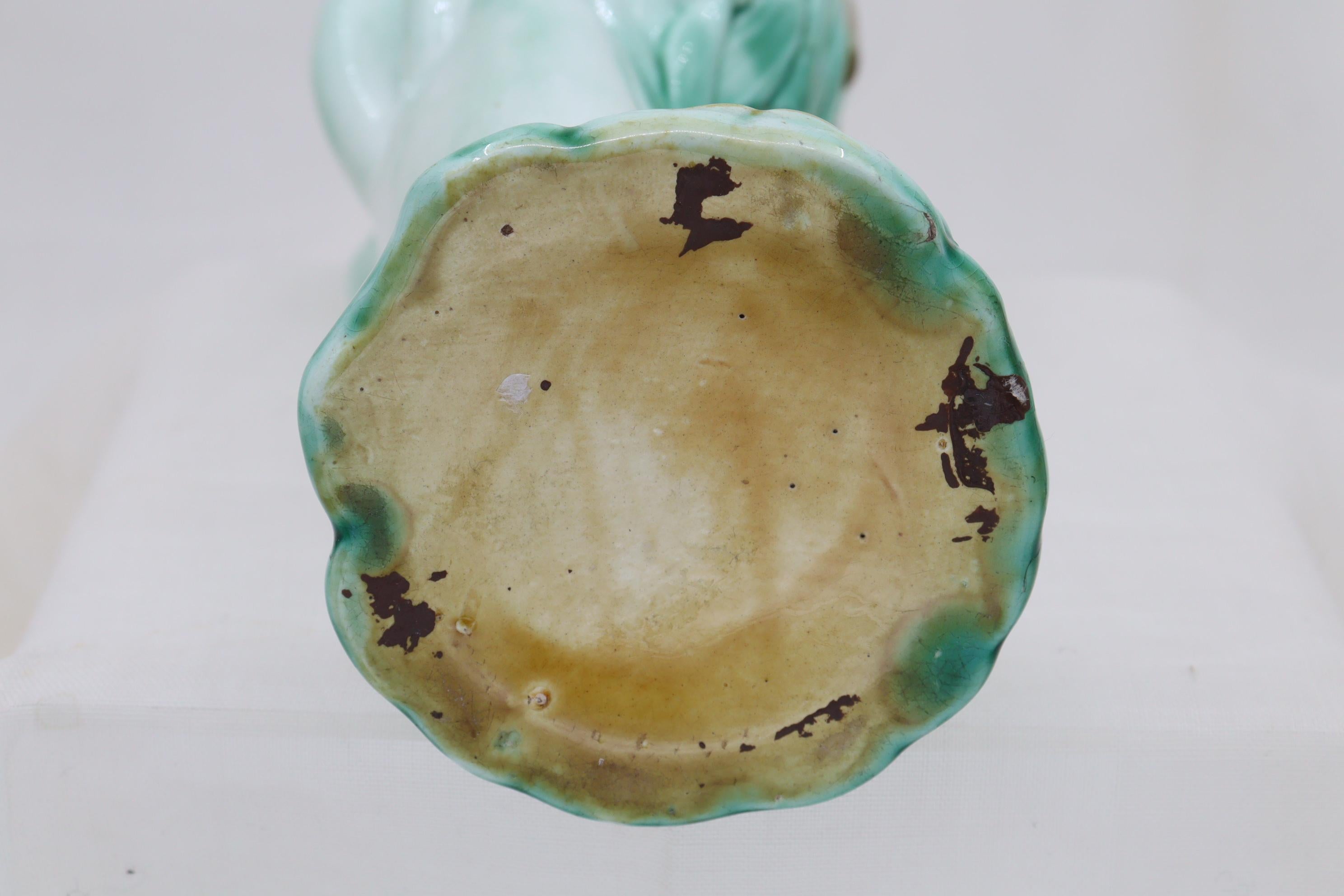Mid-19th Century Majolica vase of a woman's hand holding bulrushes For Sale