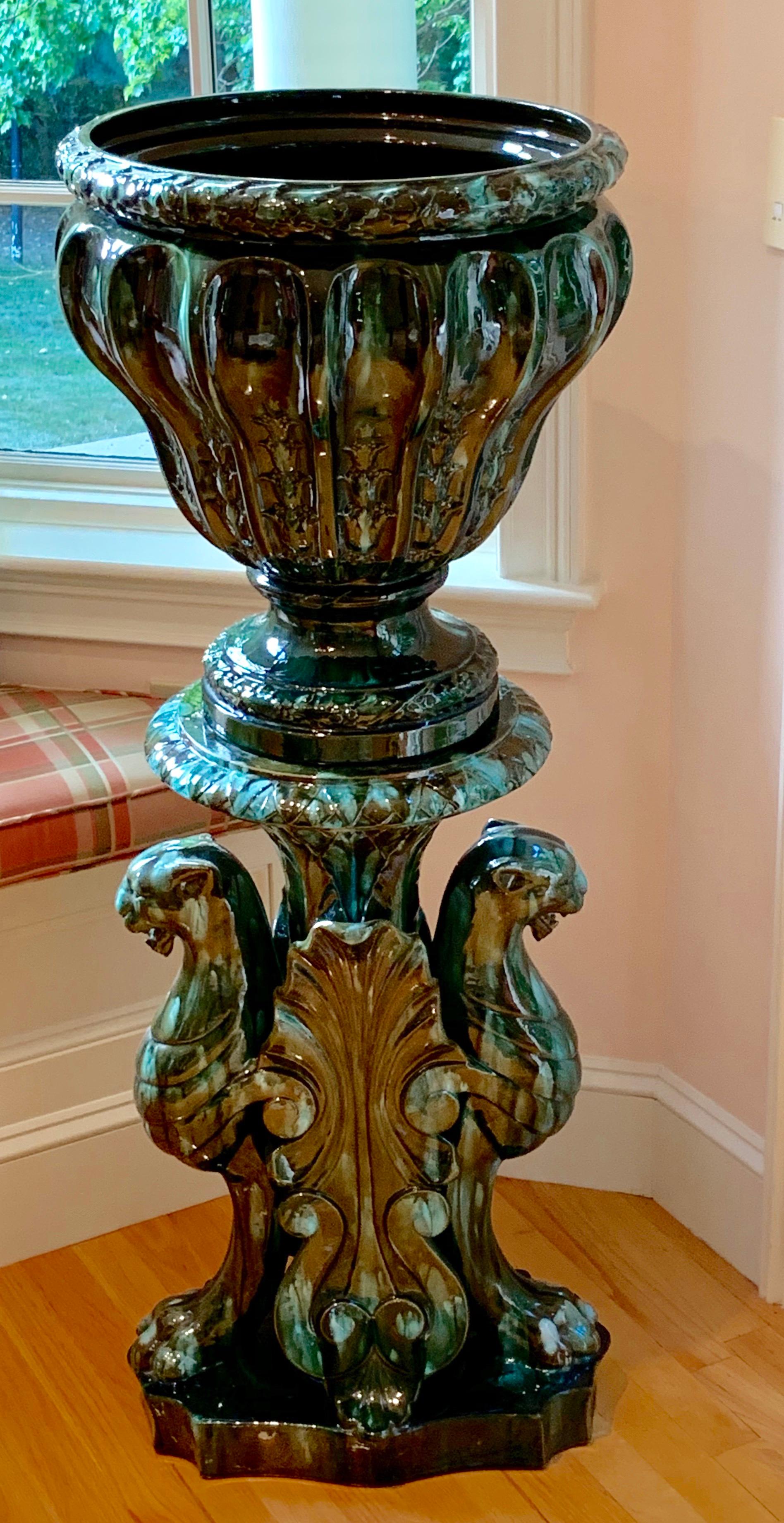 Neoclassical Majolica Vase on Pedestal