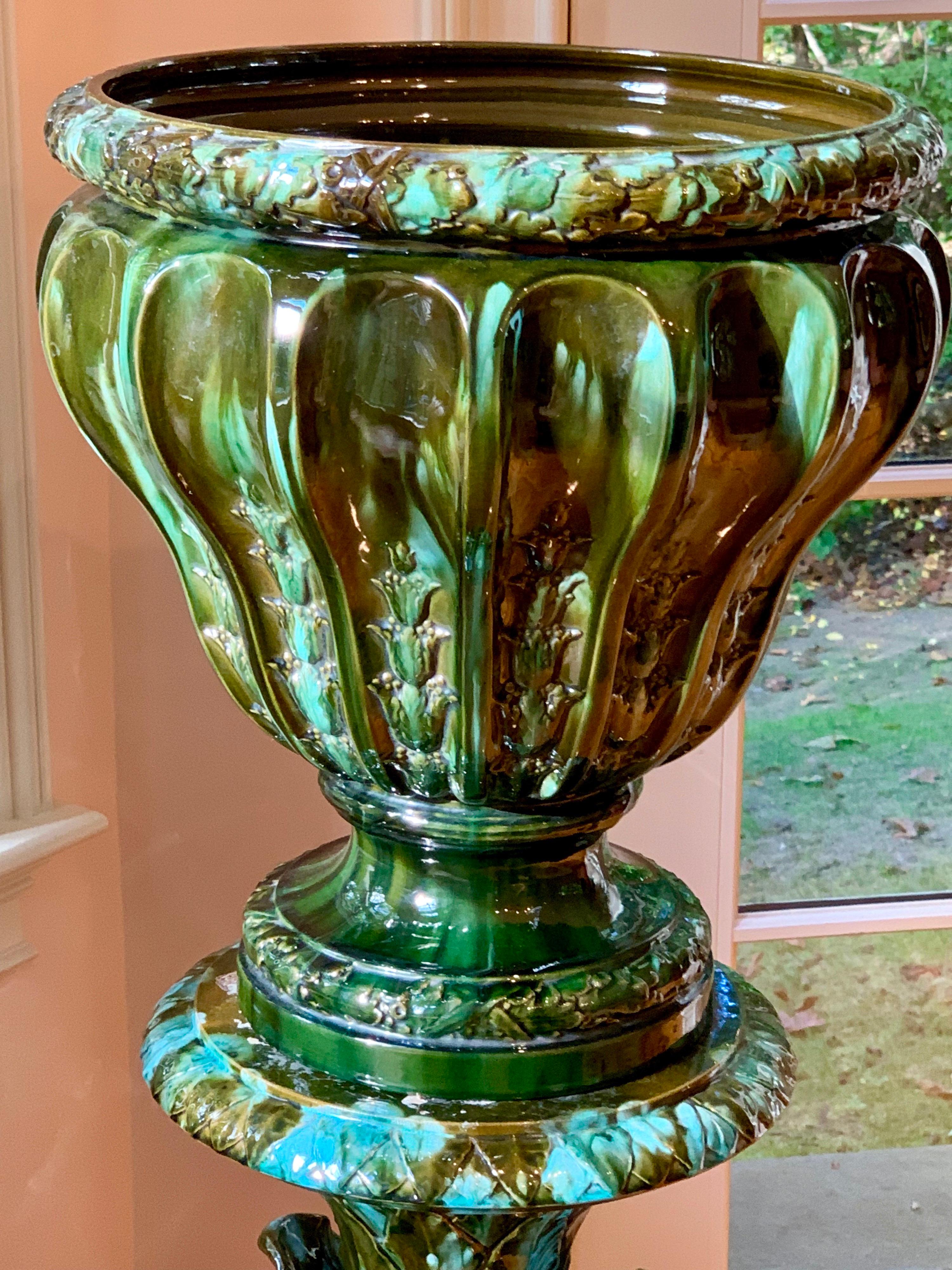 Glazed Majolica Vase on Pedestal