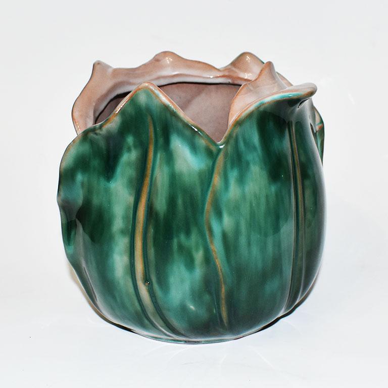 Art Nouveau Majolica Vase or Planter in Emerald Green and Pink by Stangl