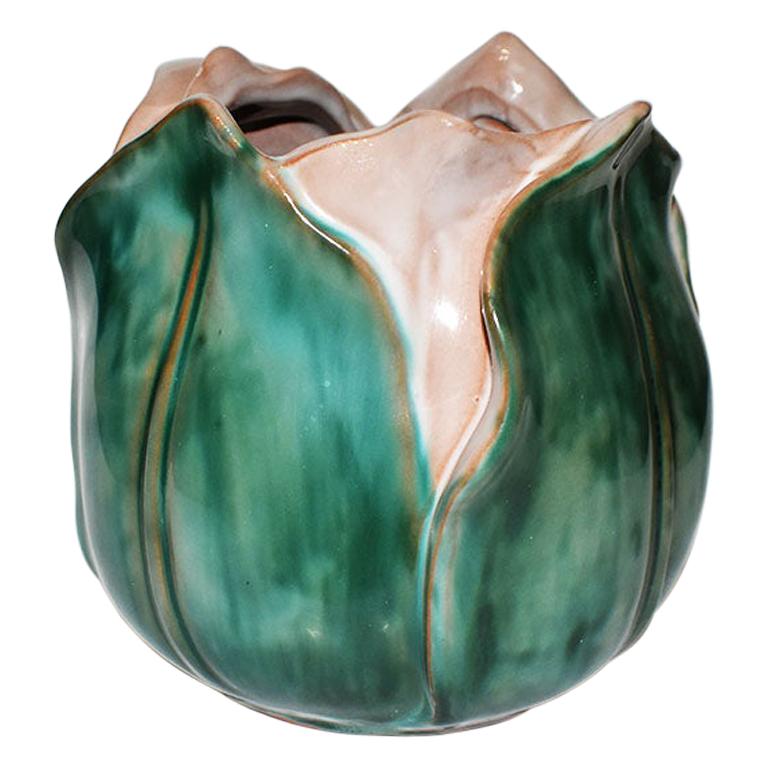 Majolica Vase or Planter in Emerald Green and Pink by Stangl