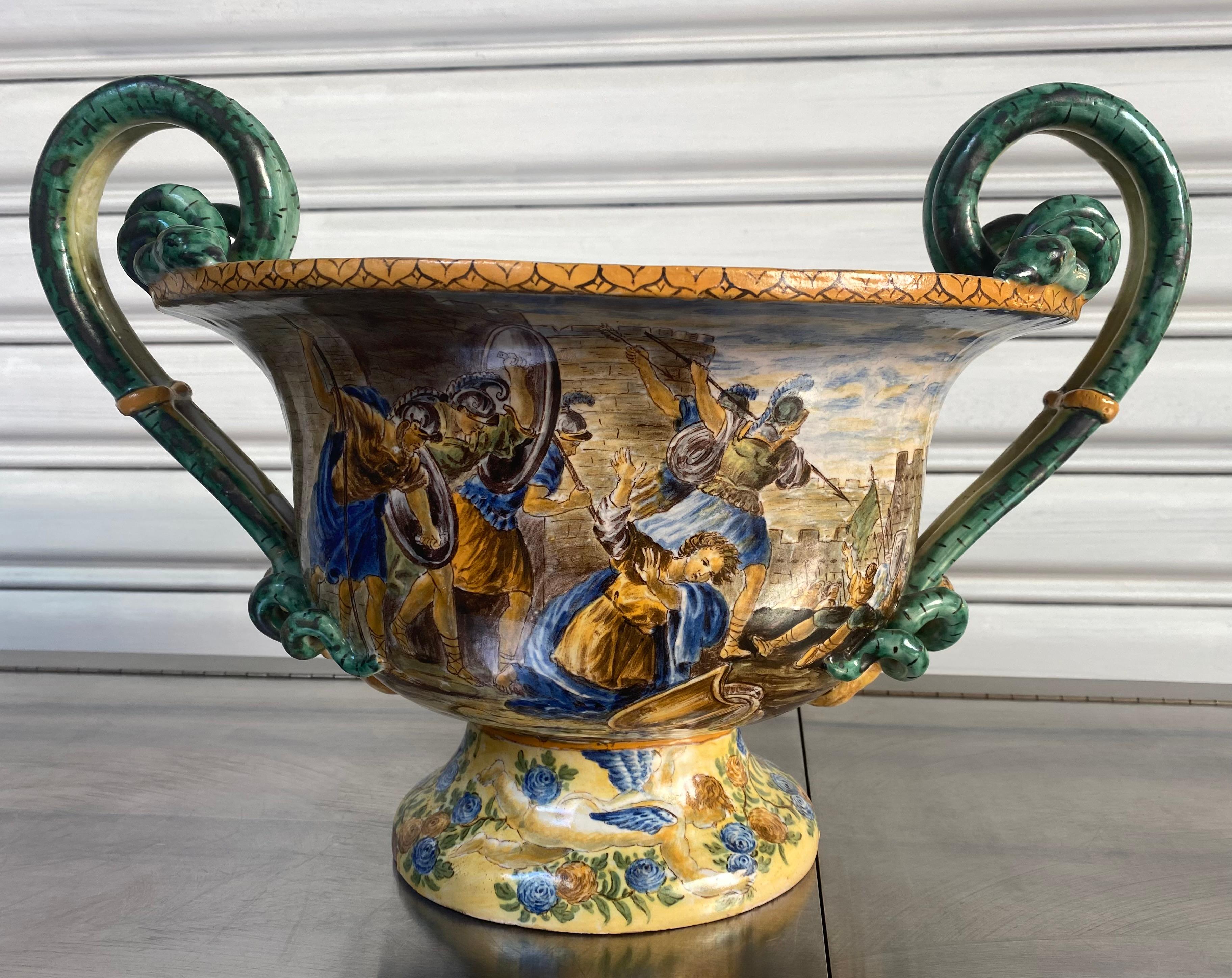 Majolica vase 
Provenance Amalfi - Italy 
Earthenware
Circa early 20th century
Measures: Length 50cm x width 30cm x height 32cm.
A majolica is the generic name which designates, in French, an earthenware, either Hispano-Moorish, or Italian of
