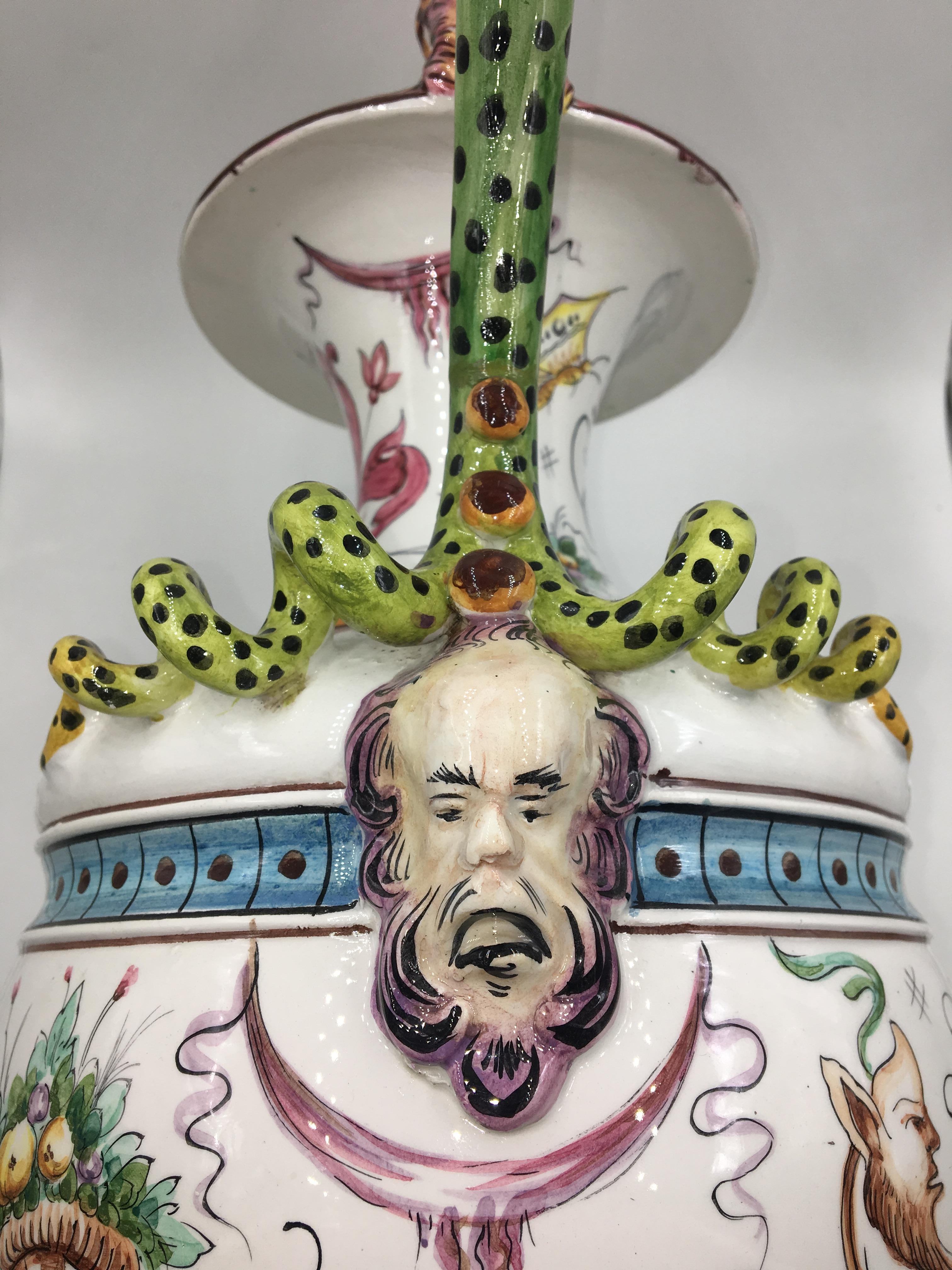 Majolica Vase with 2 Handles, Hand Painted In Good Condition For Sale In Lugano, Ticino