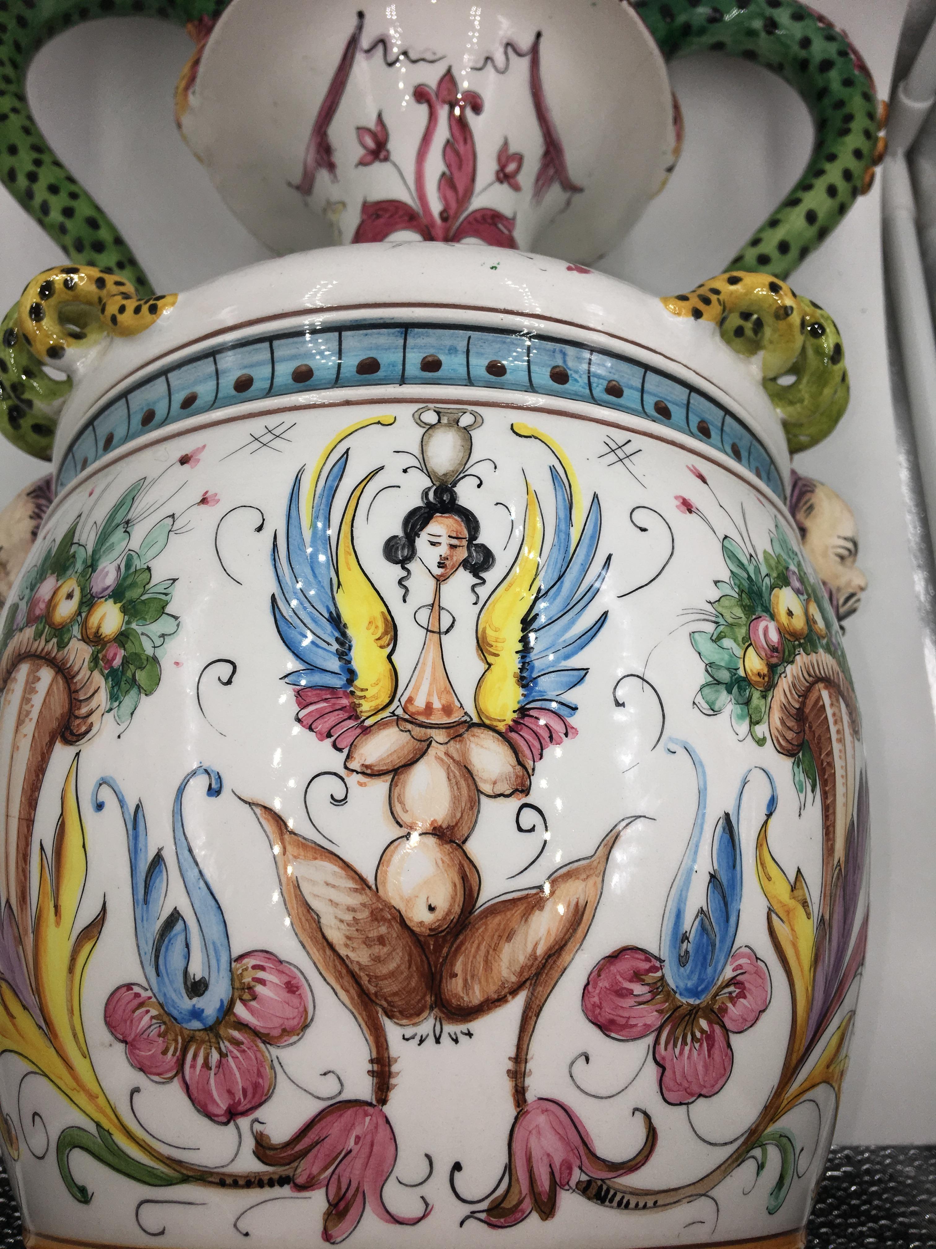 Ceramic Majolica Vase with 2 Handles, Hand Painted For Sale