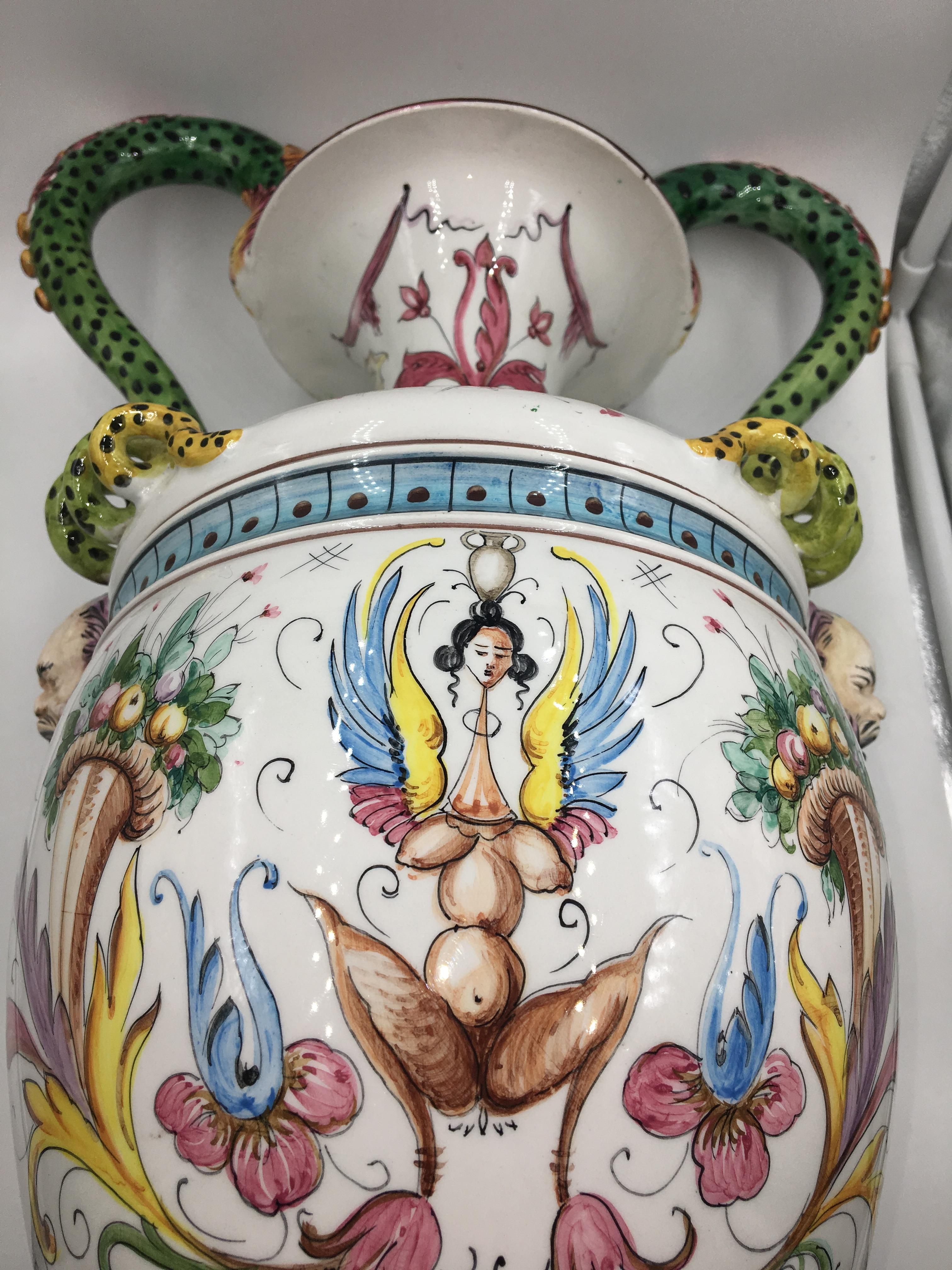 Majolica Vase with 2 Handles, Hand Painted For Sale 1