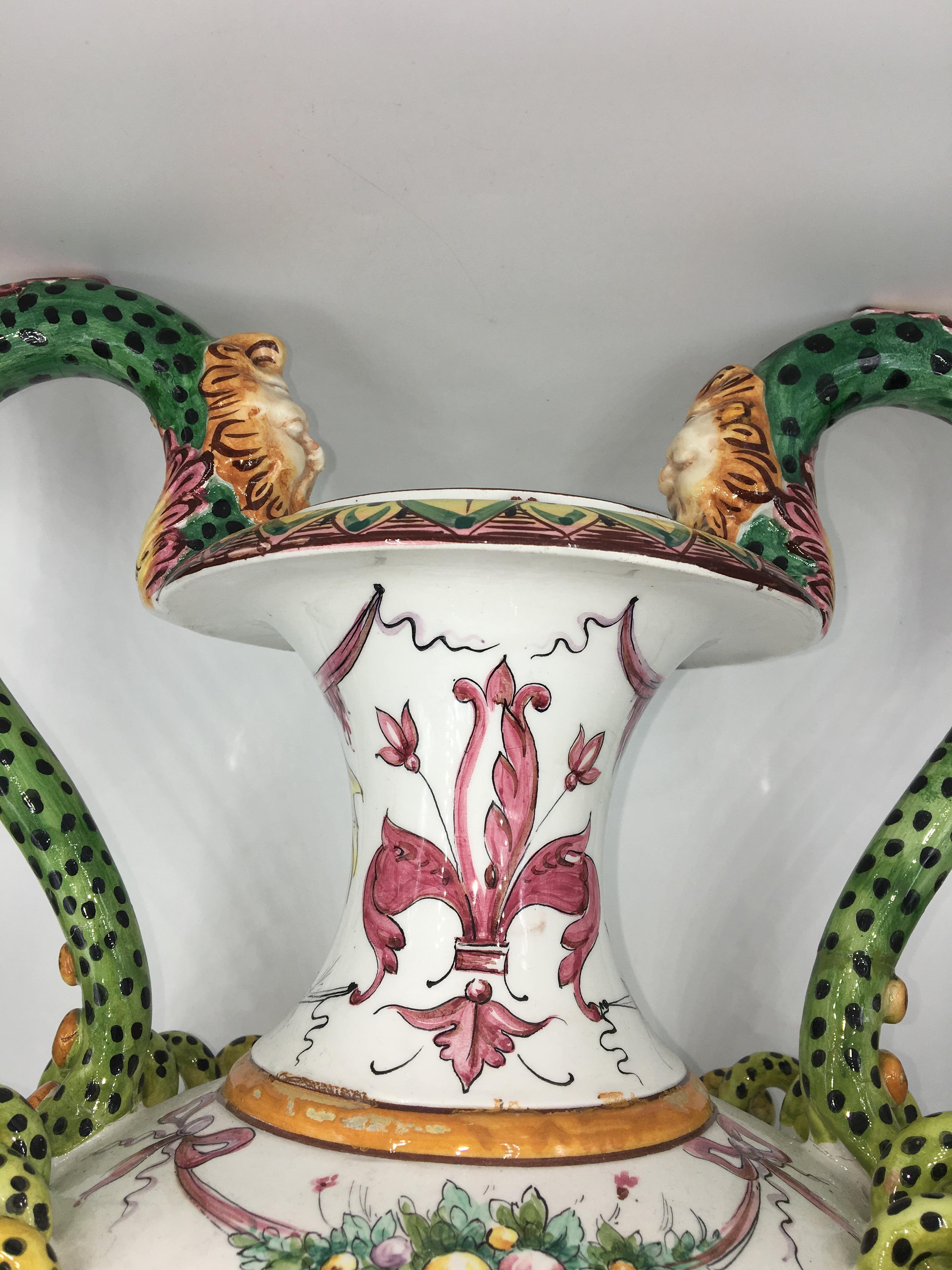Majolica Vase with 2 Handles, Hand Painted For Sale 3
