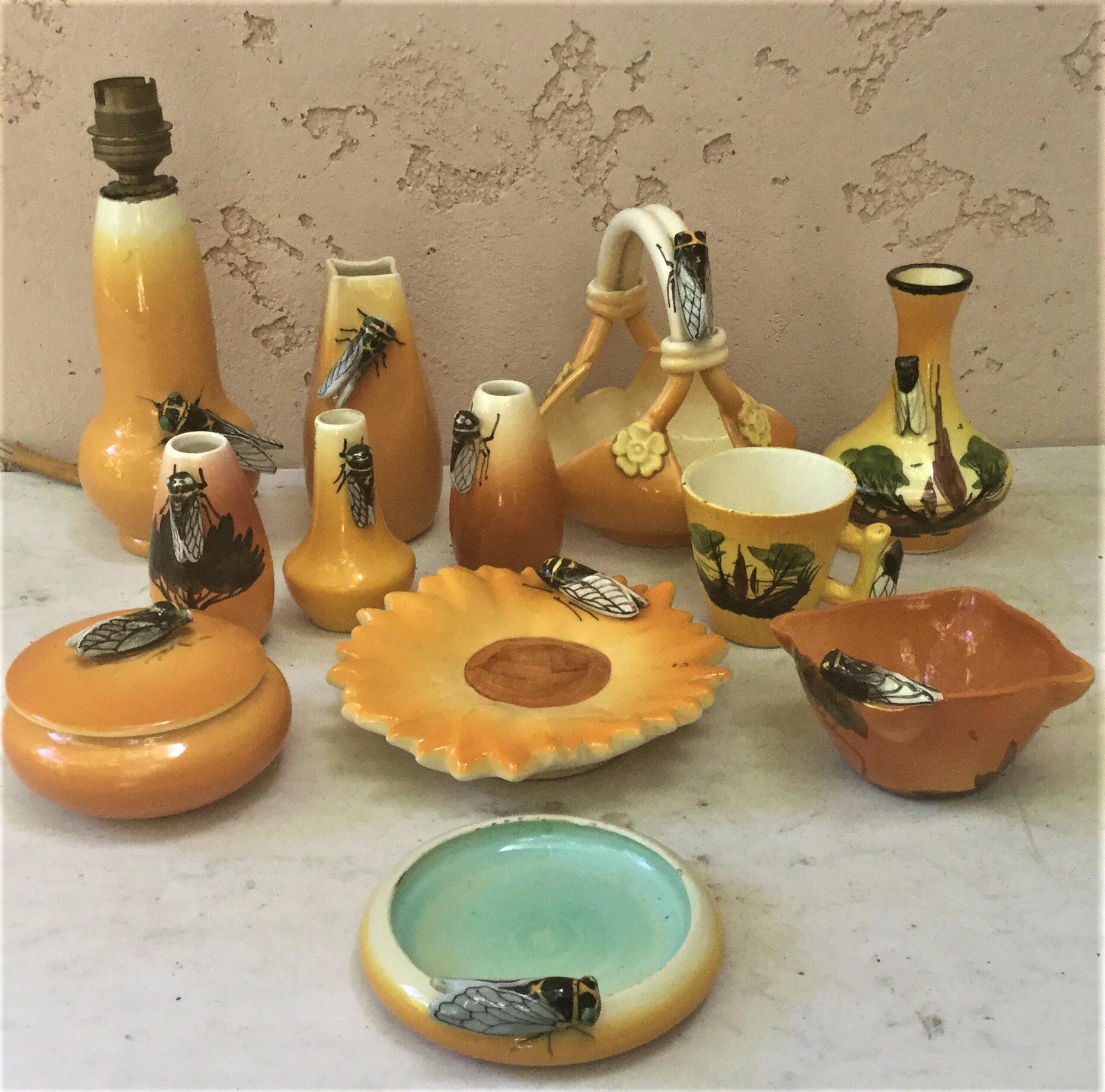 Ceramic Majolica Vase with Cicada and Olives Sicard, circa 1950