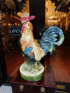 Czech Majolica Vibrant Rooster Umbrella / Cane Stand on Circular Base, 19th Cent