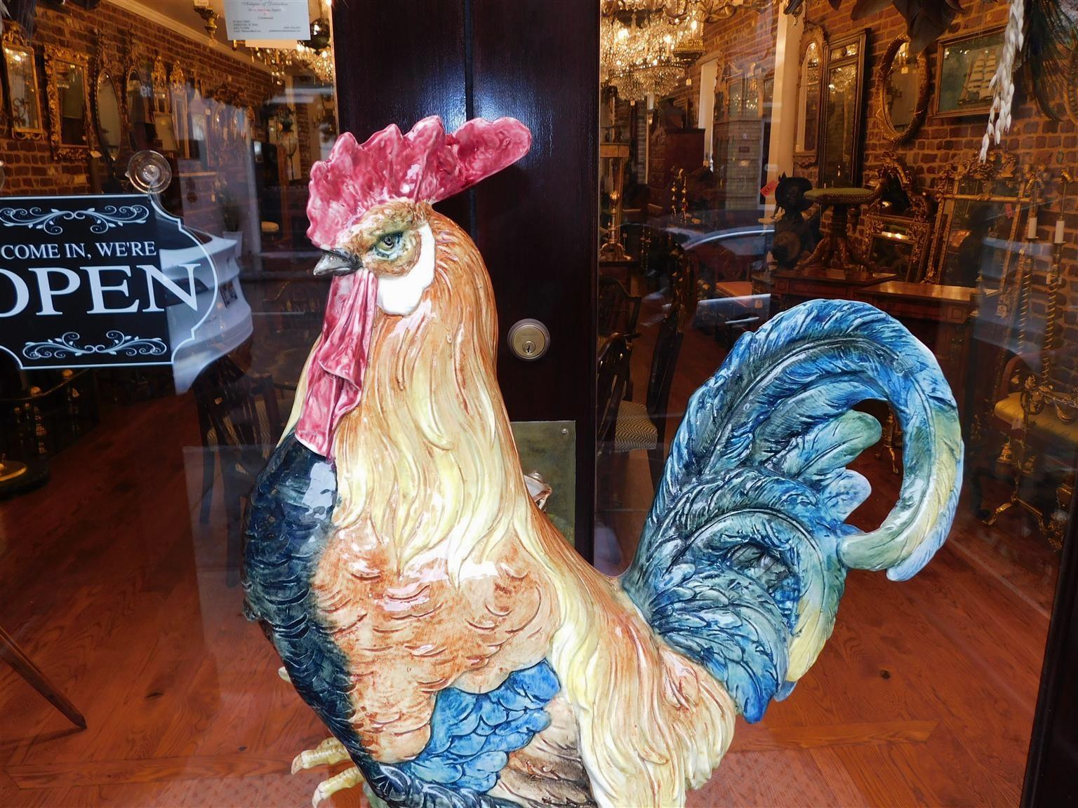 Tchèque Porte-parapluie / Stand de canne en majolique tchèque au coq vibrant sur base circulaire, 19e siècle en vente