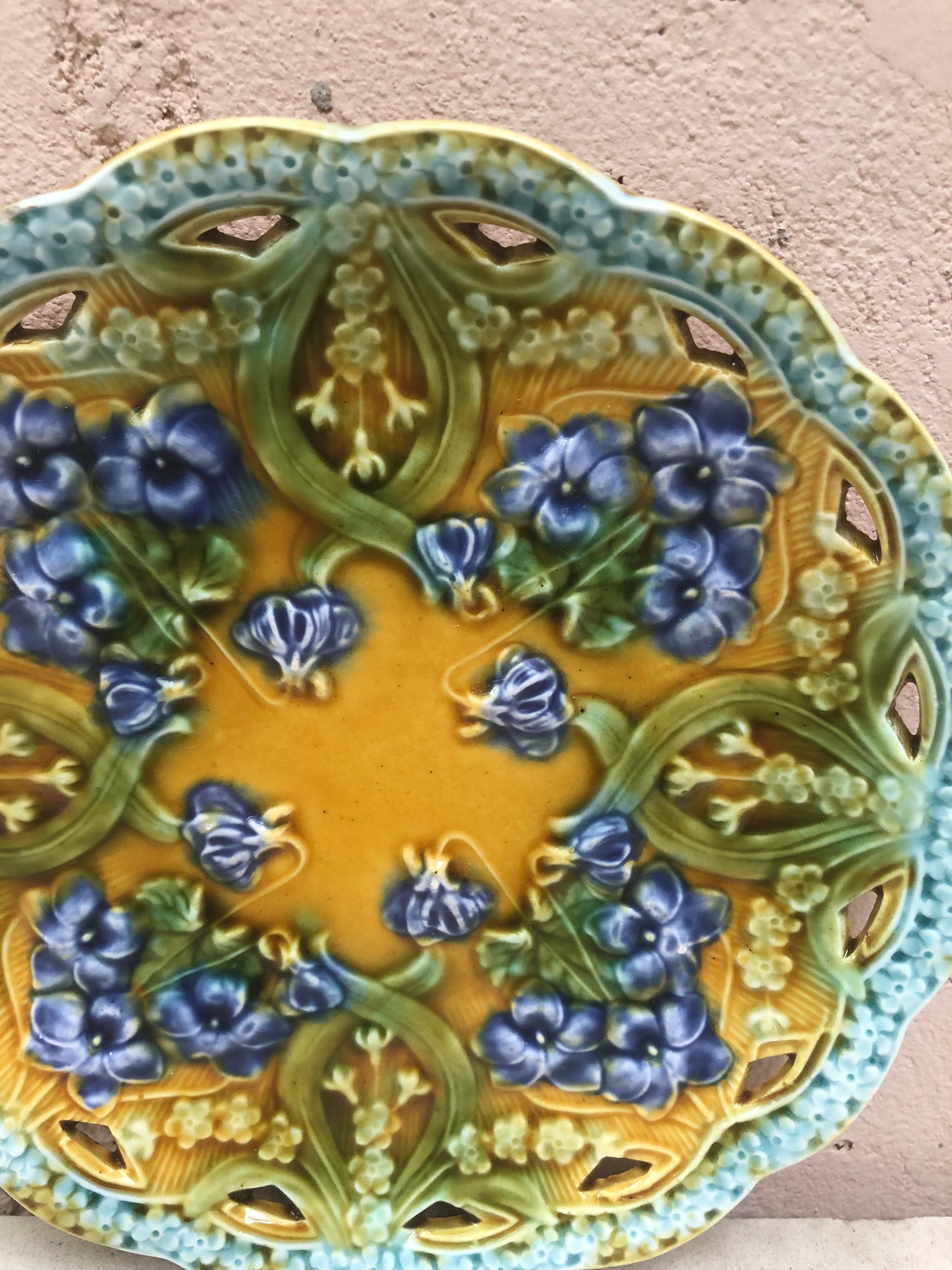 Small Colorful Majolica reticulated plate with violets Villeroy & Boch, circa 1900.
 