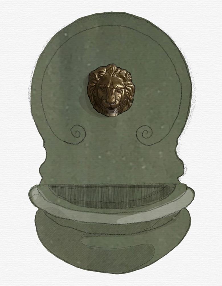 Mid-Century Modern Fontaine murale en majolique avec bassin, élément décoratif mural et bec de lion en bronze en vente