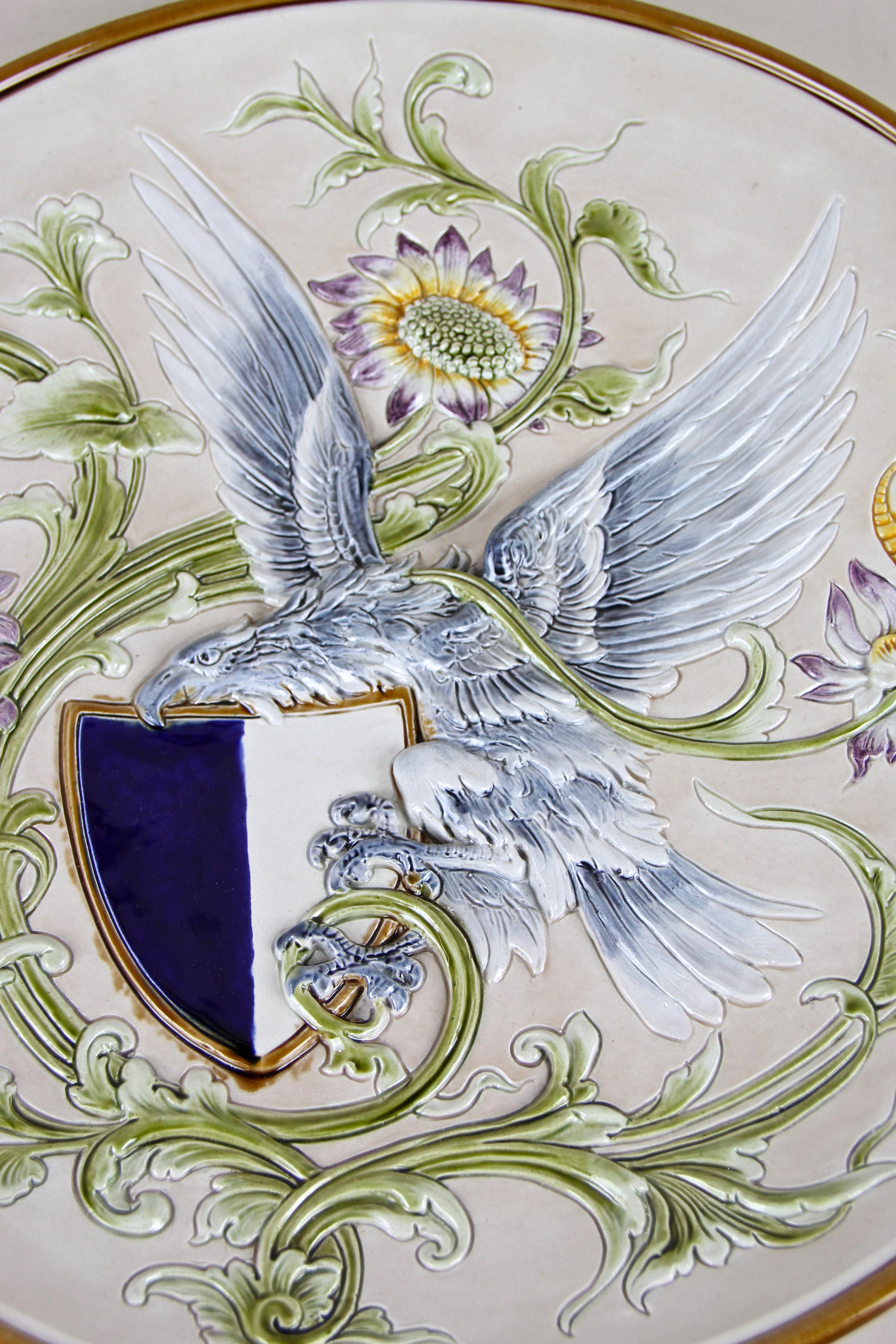 Hand-Painted Majolica Wall Plate by Wilhelm Schiller & Son, Bohemia, circa 1890 For Sale