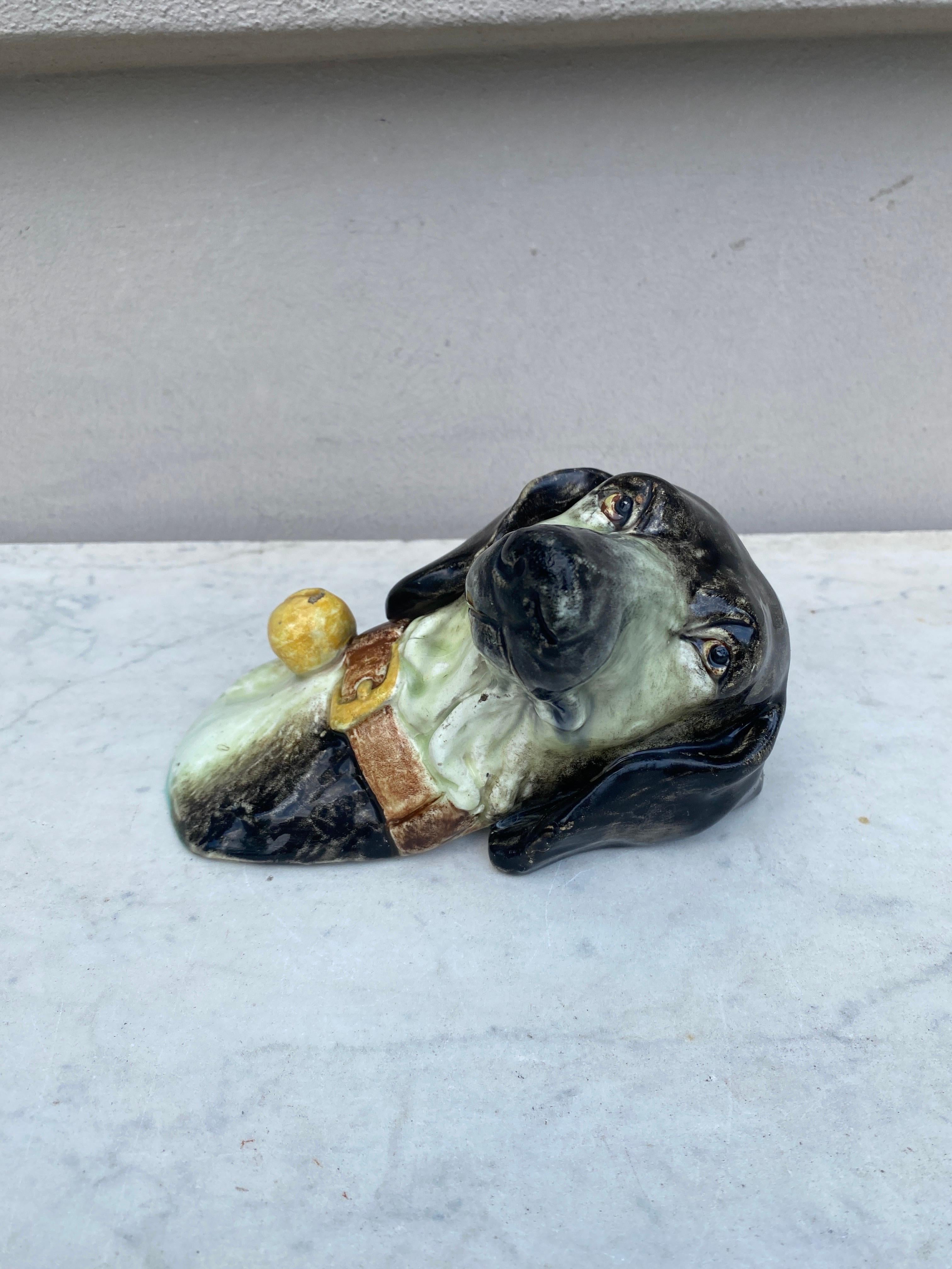 Perro de bolsillo de mayólica Delphin Massier, hacia 1890 en Bueno estado para la venta en Austin, TX