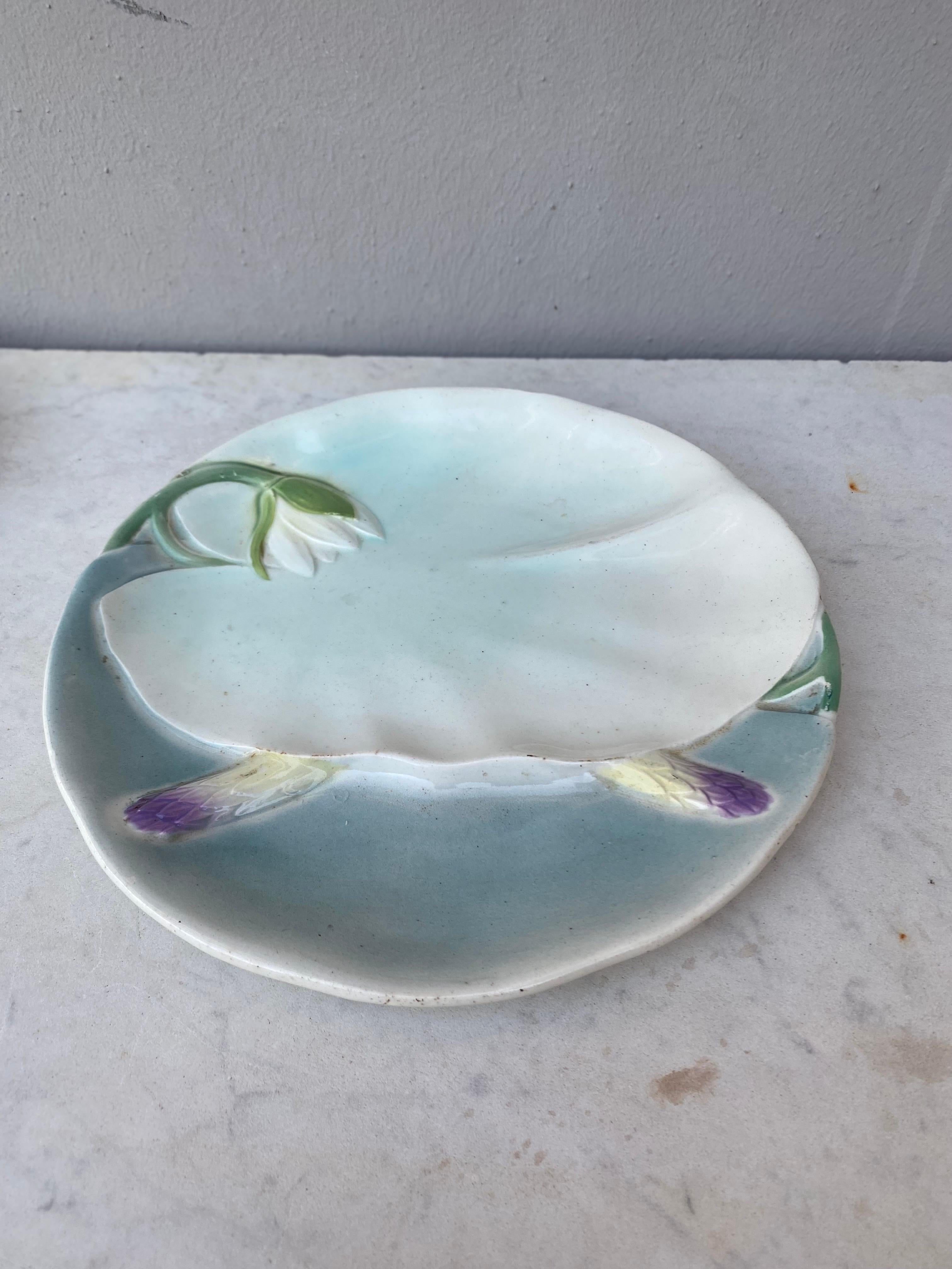 French Majolica Water Lily Asparagus Plate Keller & Guerin Saint Clement