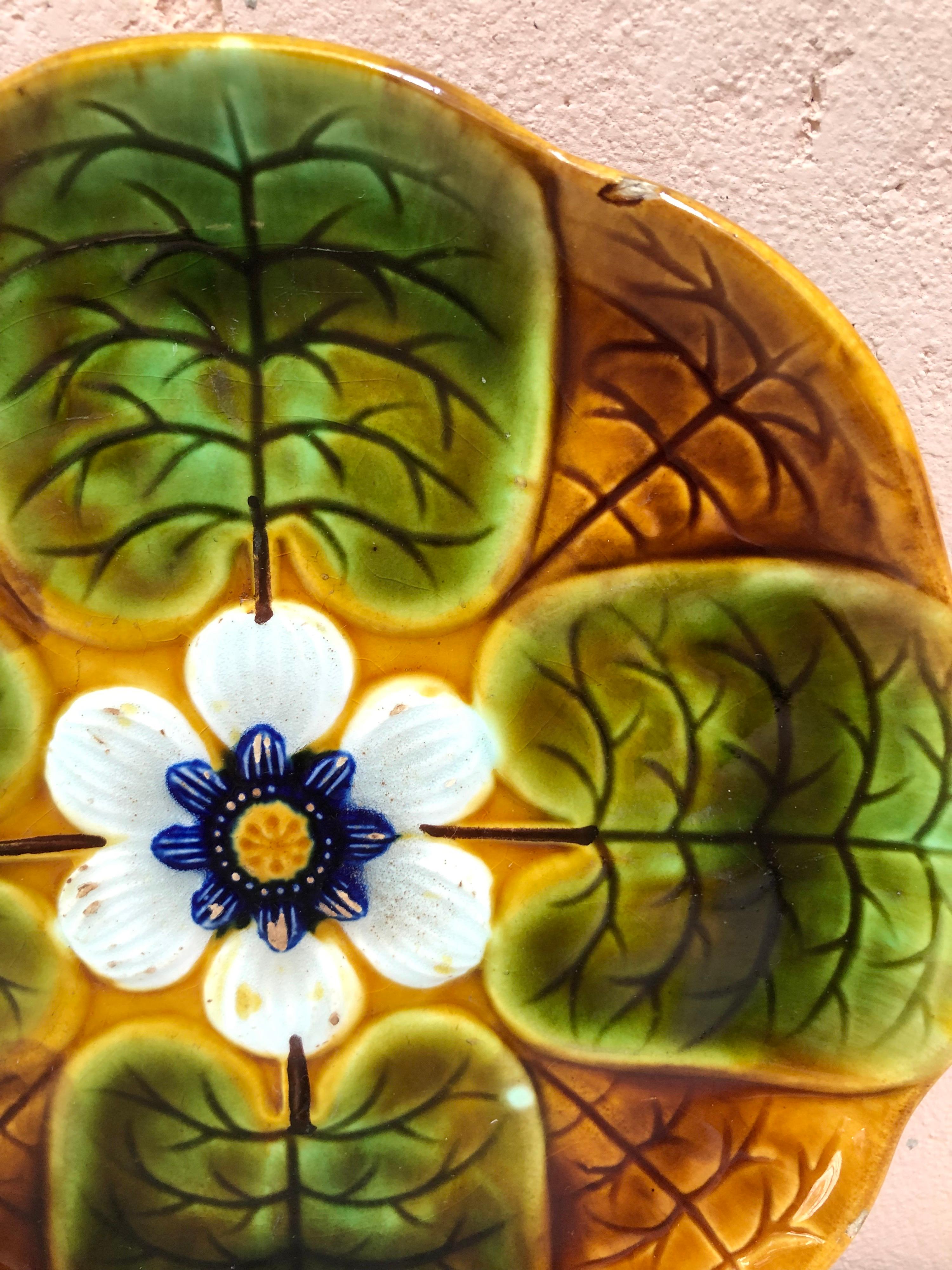 Antique German Majolica water lily wall plate, circa 1900 signed 