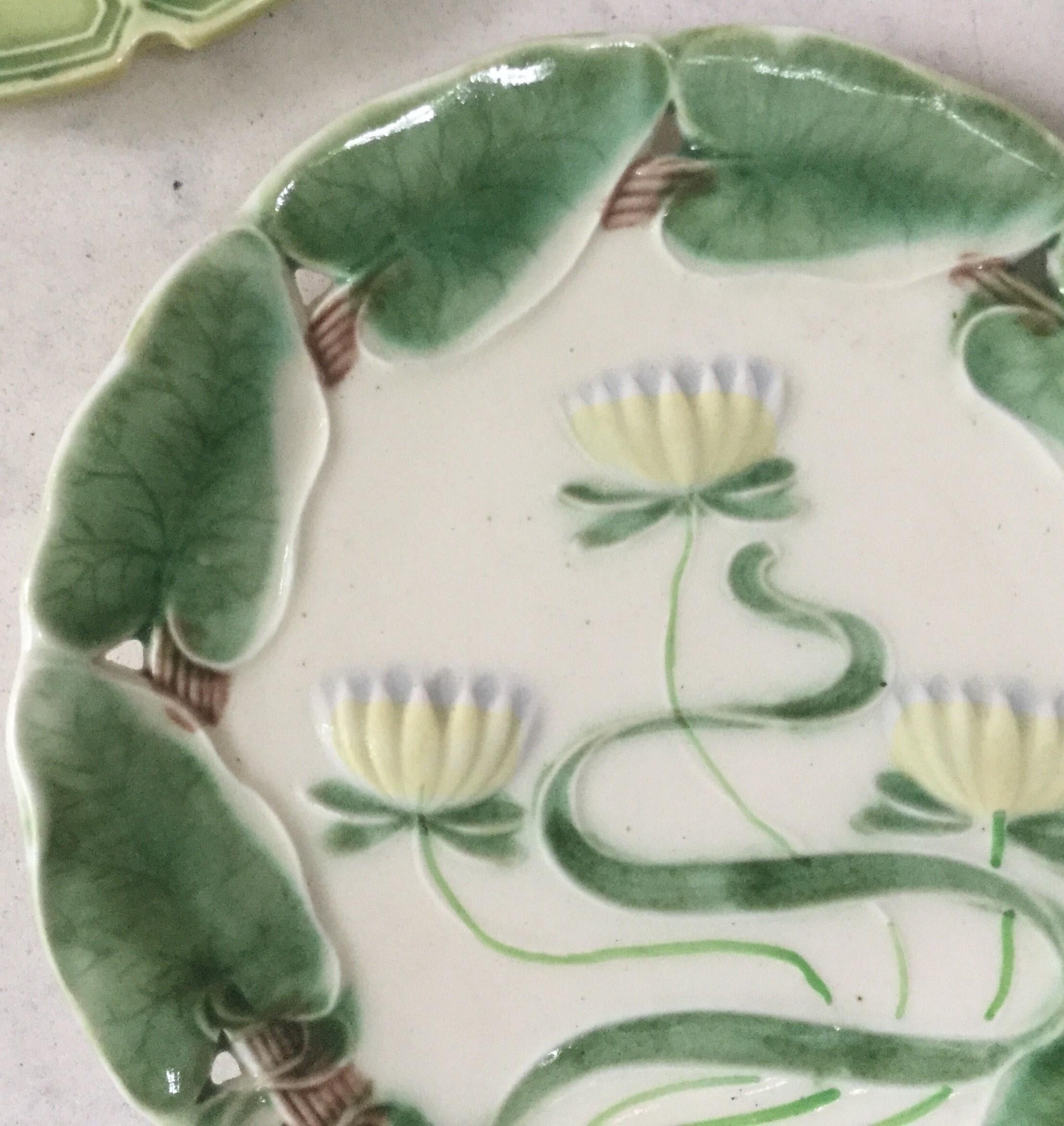 Antique German Majolica water lily wall plate, circa 1900 signed 