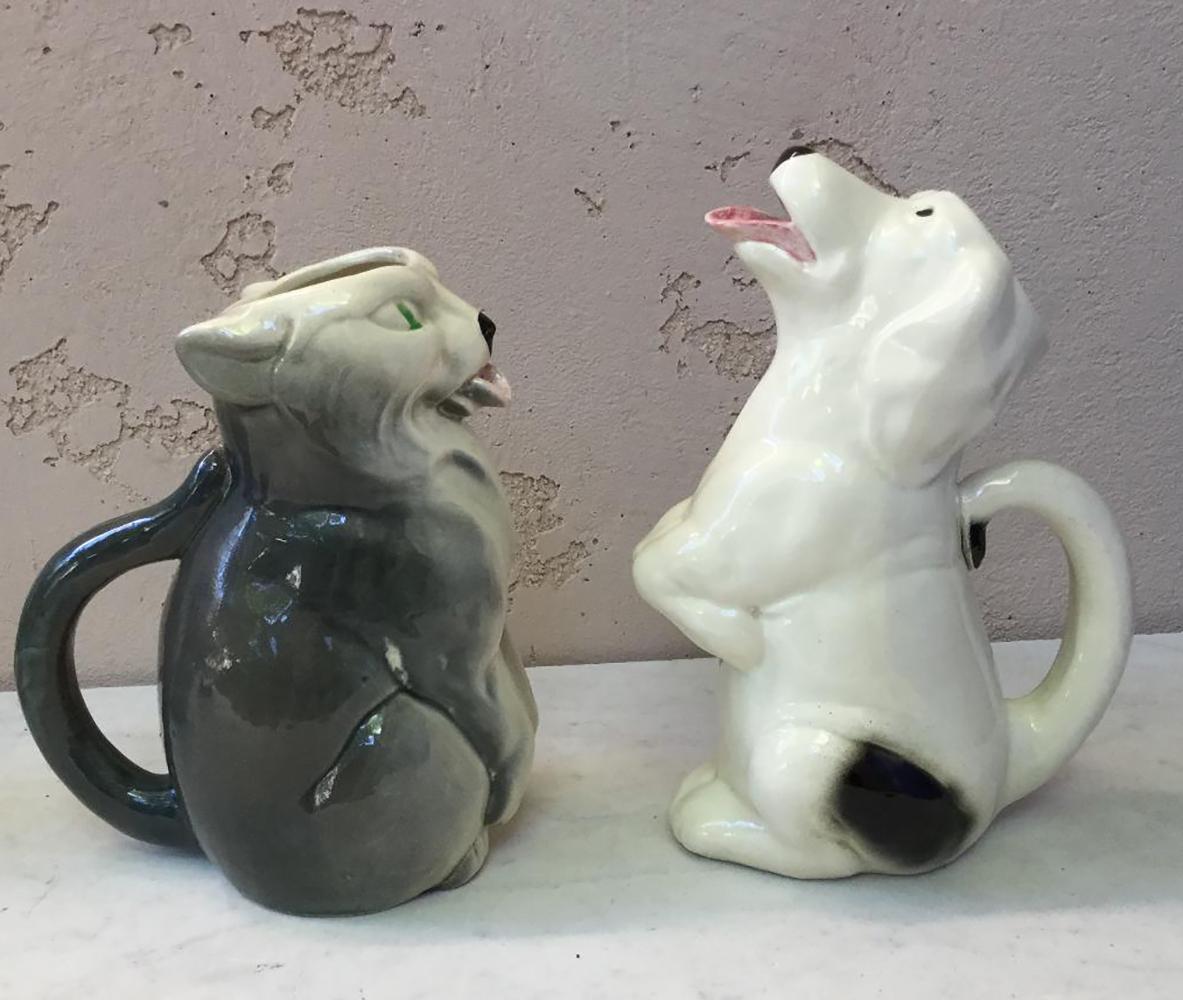 French Majolica White and Grey Cat Pitcher Signed Esdeve Sarreguemines