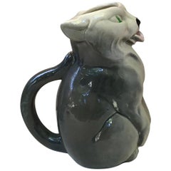 Majolica White and Grey Cat Pitcher Signed Esdeve Sarreguemines