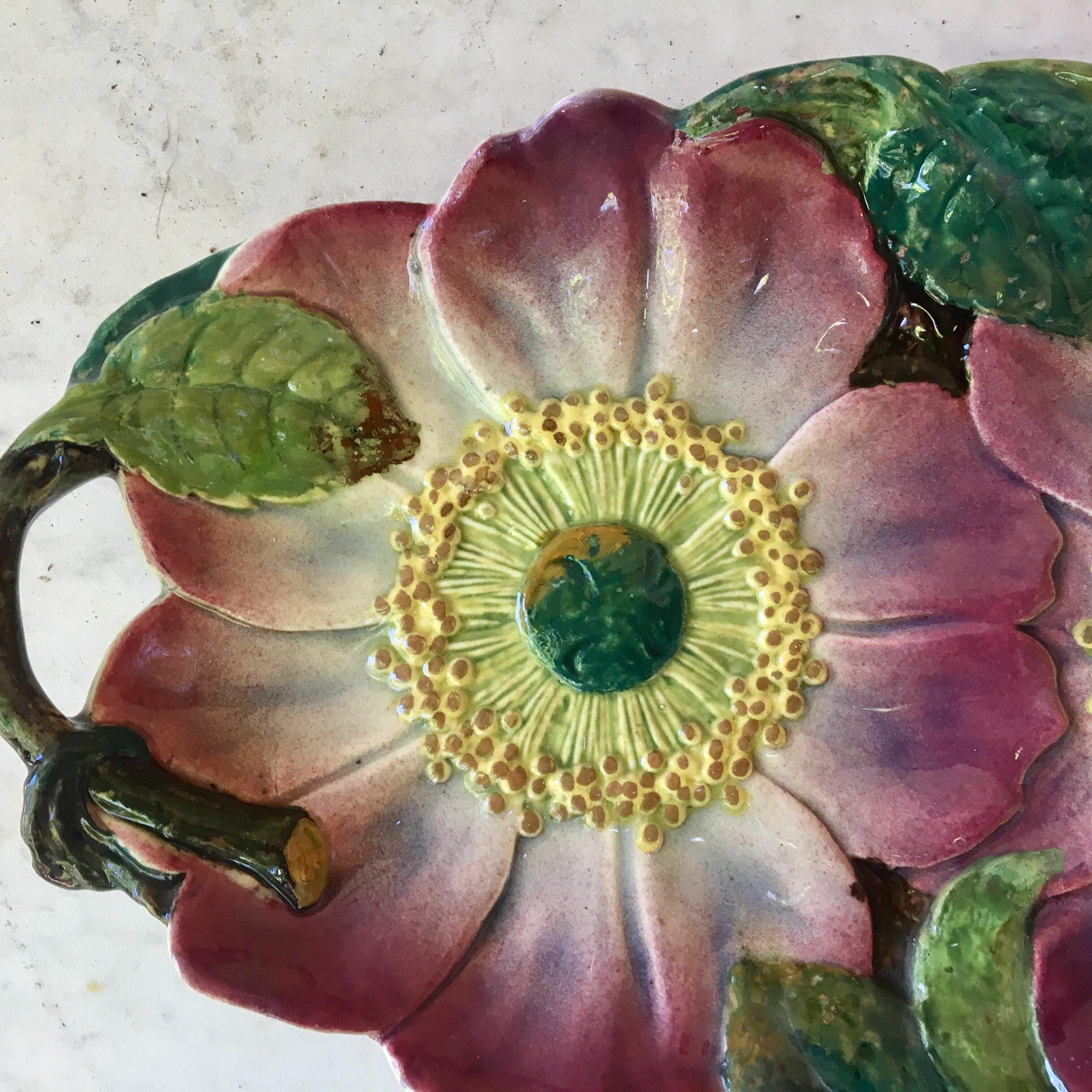 Art Nouveau Majolica Wild Rose Platter Massier Jerome Massier Fils, circa 1900 For Sale