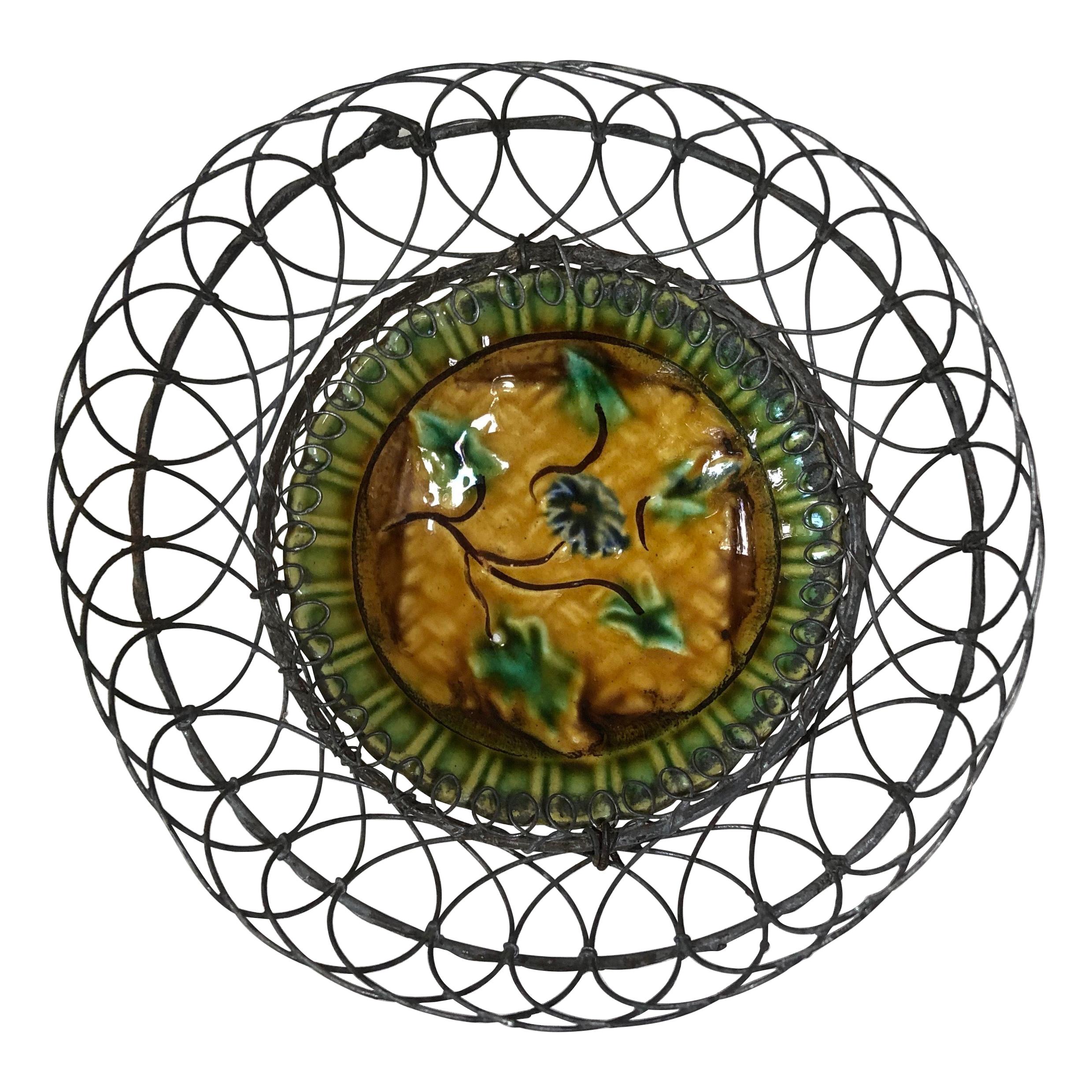 Majolica Wire Basket with Leaves Villeroy & Boch, Circa 1900