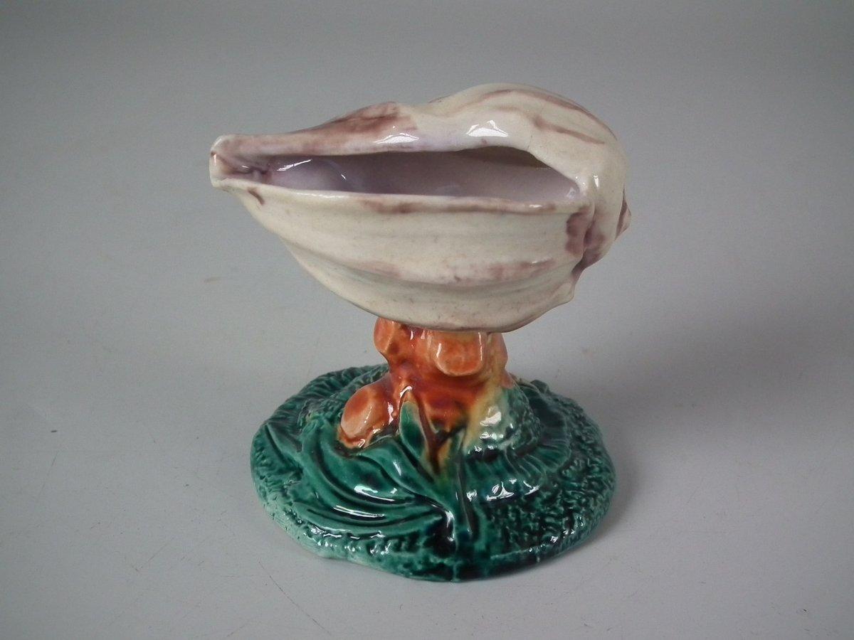 Royal Worcester Majolica salt which features a shell, coral and seaweed. Colouration: cream, green, brown, are predominant. The piece bears maker's marks for the Royal Worcester pottery.
