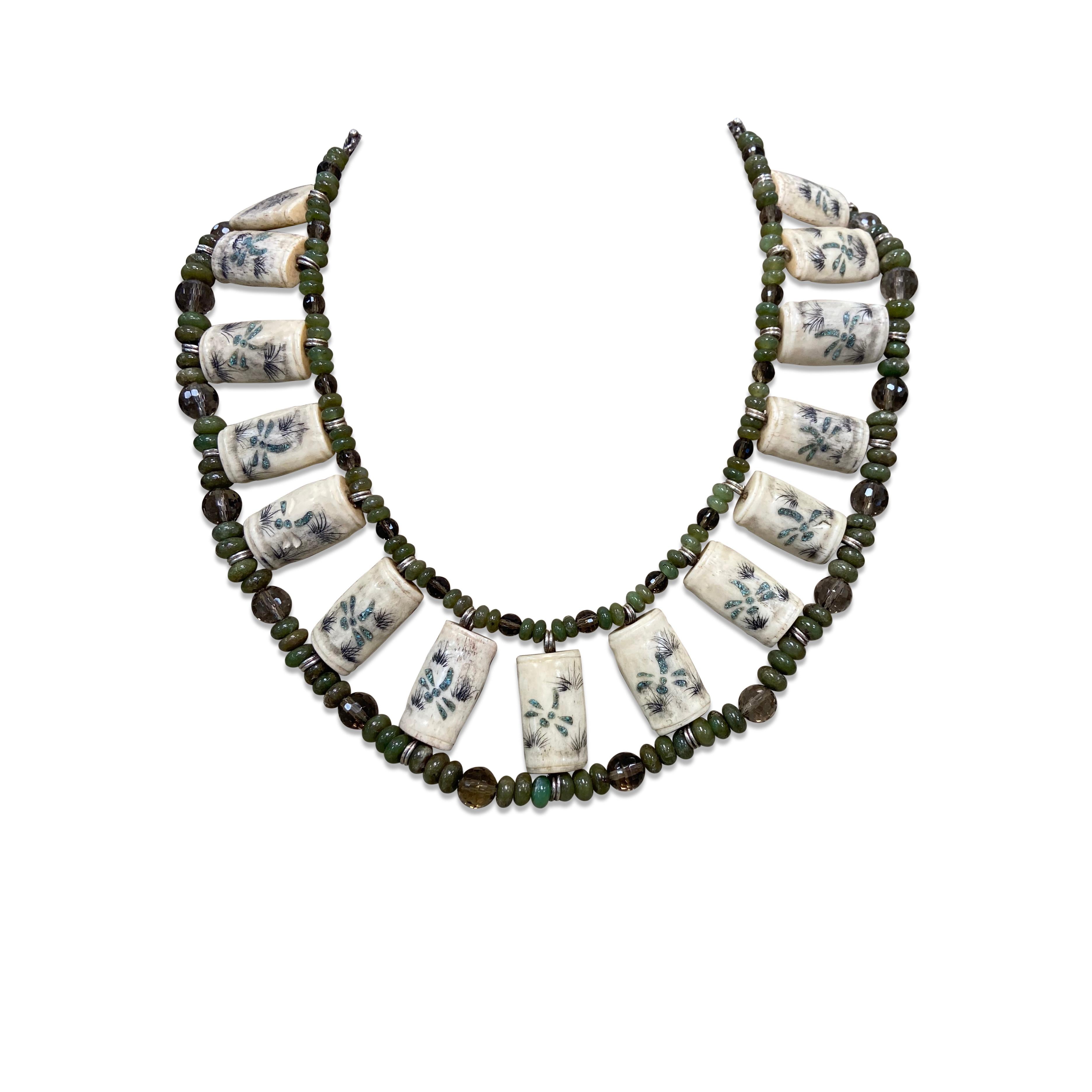 Round Cut Stephen Dweck Inlaid Turquoise Choker Necklace with Bone Tile 