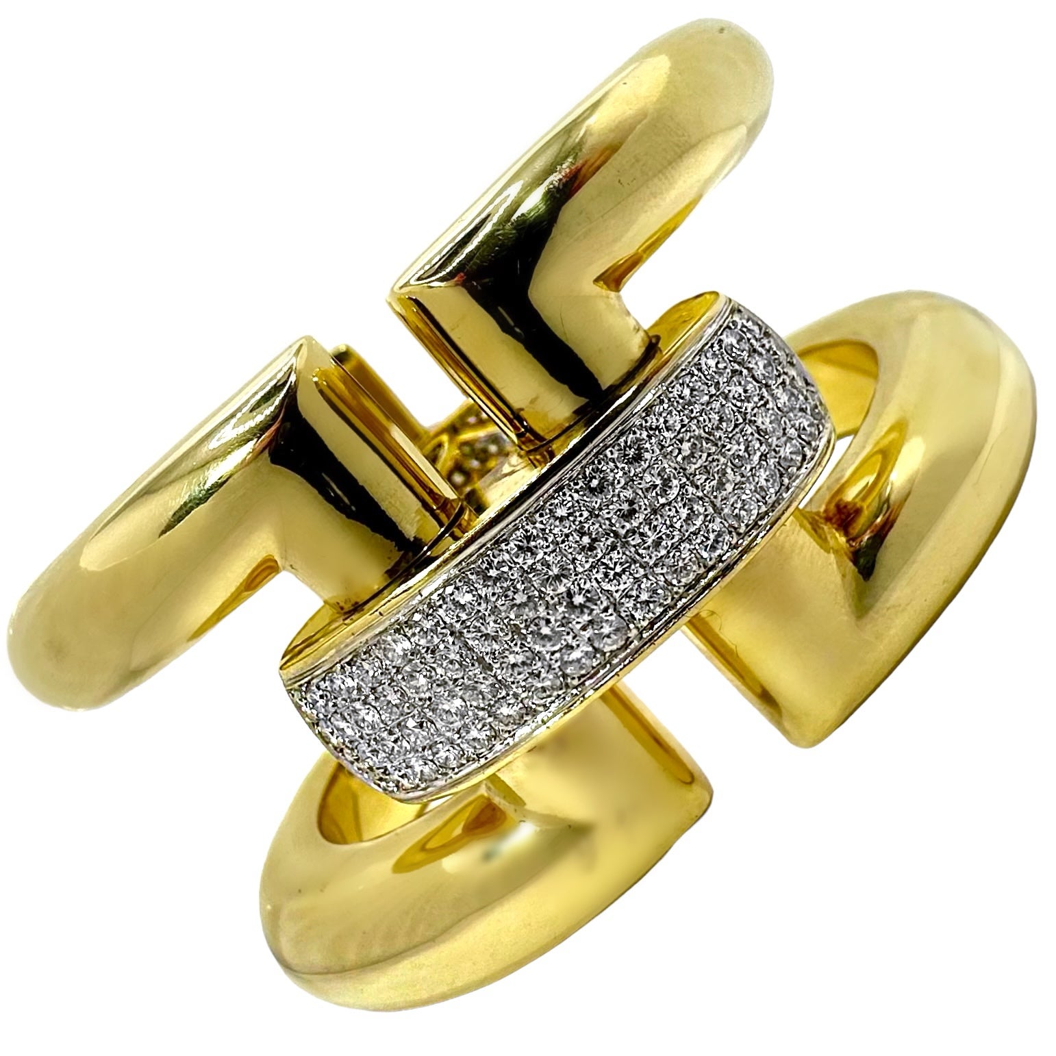 Striking 18K Gold Cuff Bracelet with Diamond Connecting Links 1.5 Inches Wide
