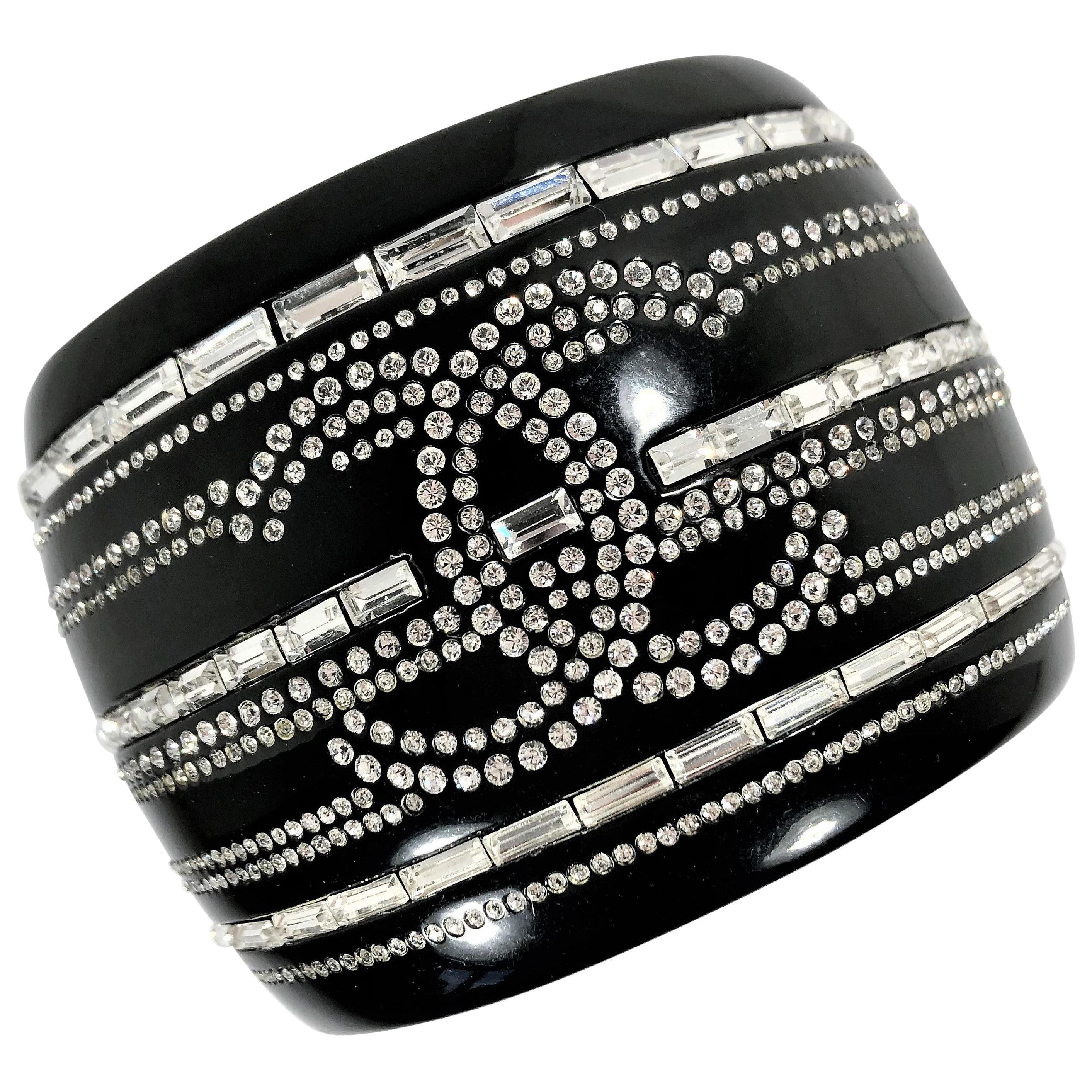 Major Chanel Black Resin Cuff with Rhinestones from the 2009 Cruise Collection For Sale