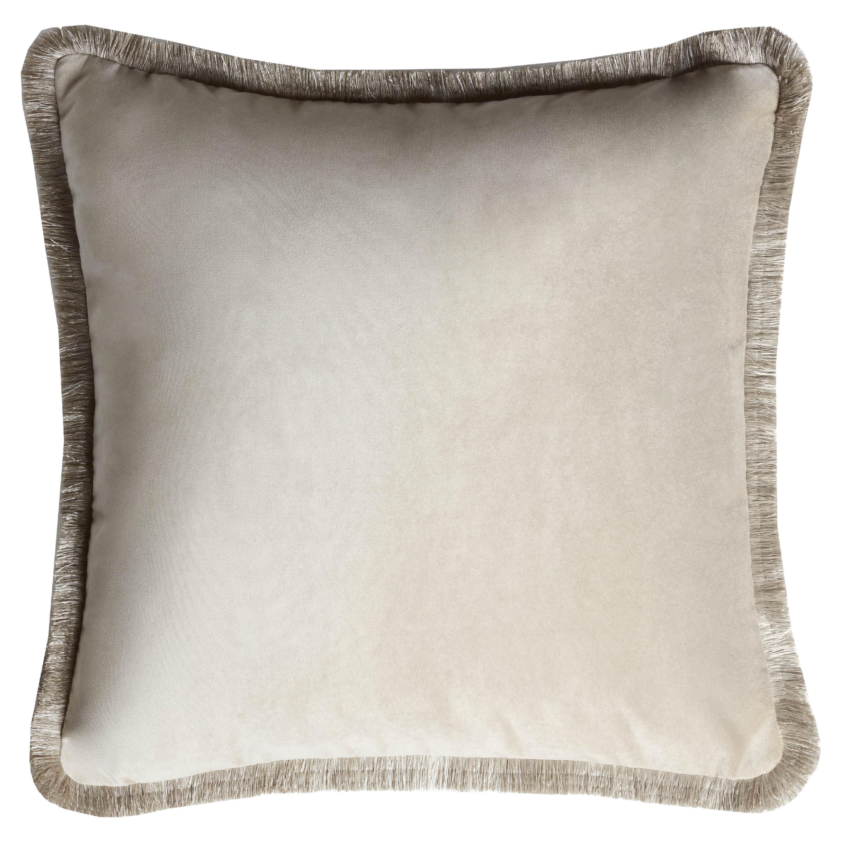 Major Collection Cushion Velvet with Fringes Beige For Sale