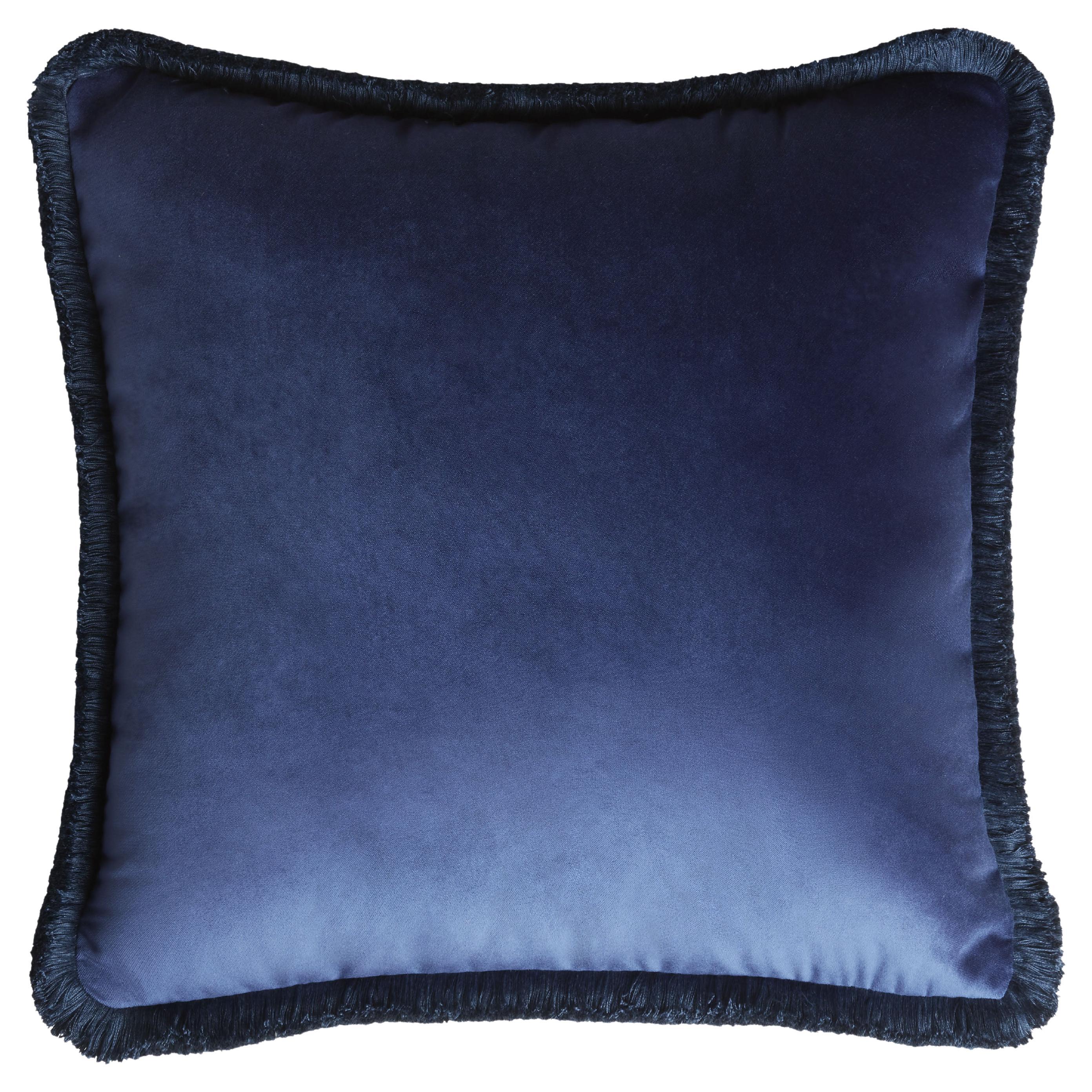 Major Collection Cushion Velvet with Fringes Blue For Sale