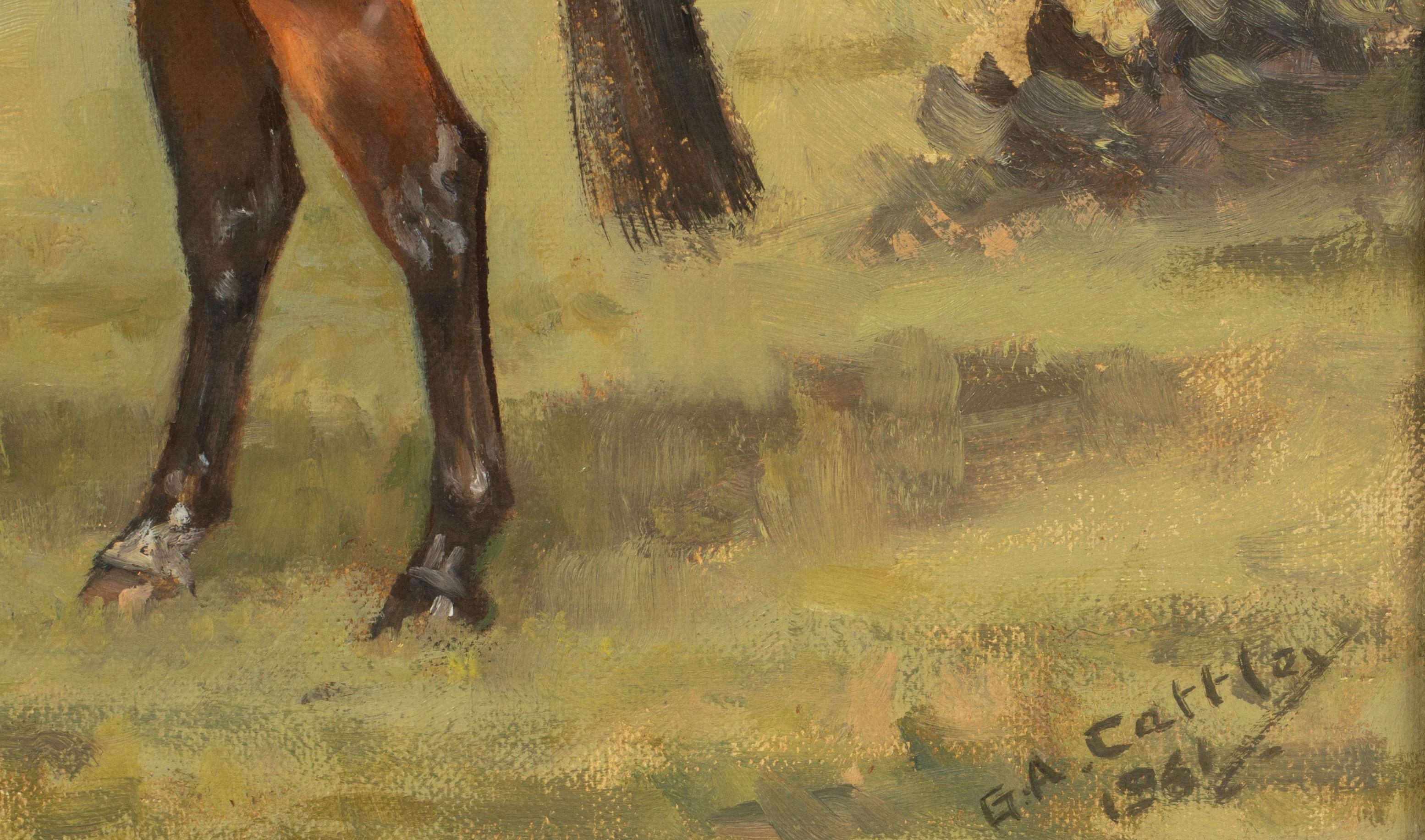 Horse in a Landscape
by Major George A Cattley (English, 1896-1978)
signed & dated 1961
oil painting on canvas board, 14 x 20 inches
framed
condition: overall very good and pleasing, a few minor surface marks and stains. 
provenance: from a private