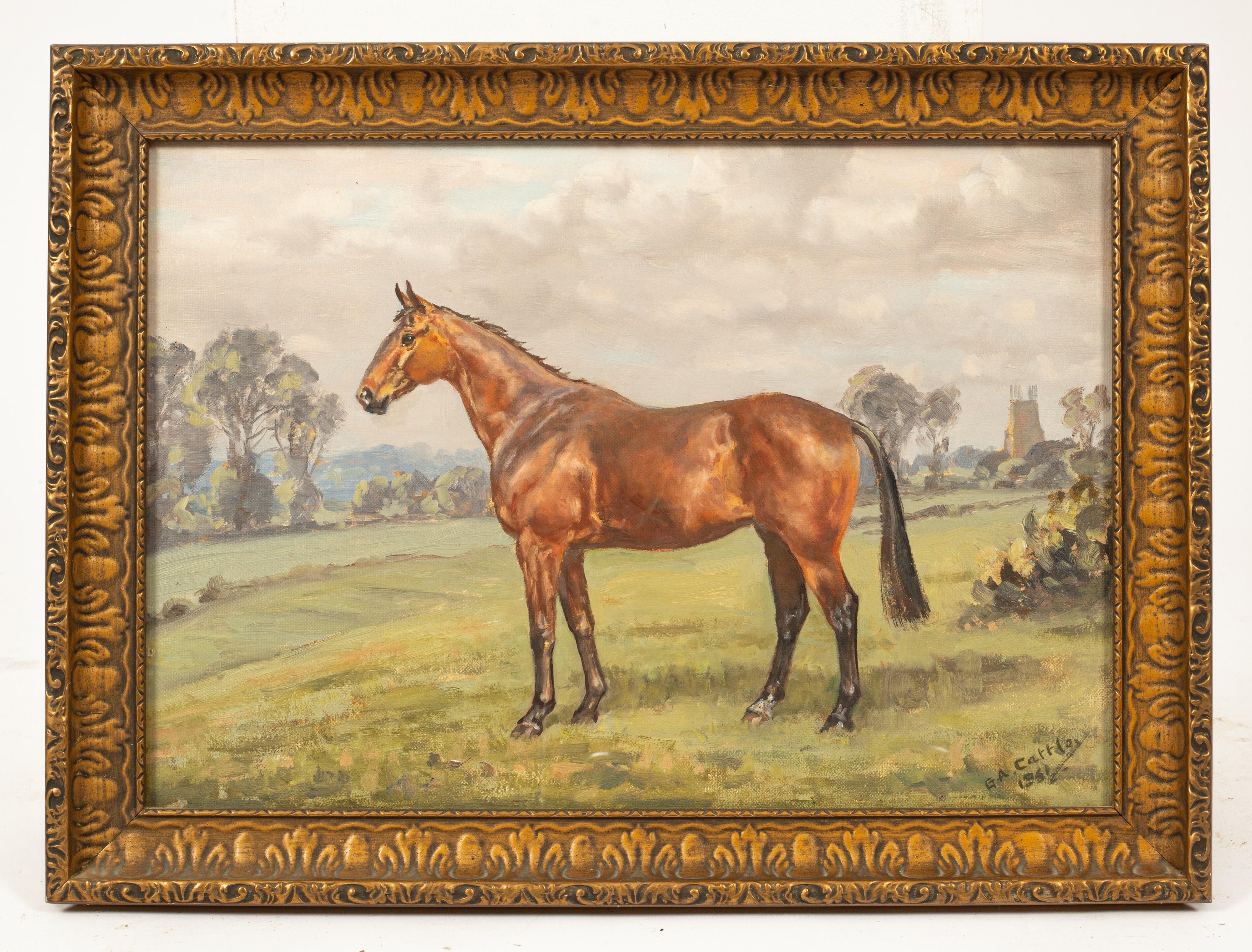 Animal Painting Major George A Cattley (1896-1978) - Peinture à l'huile britannique du 20e siècle représentant un portrait de cheval dans un paysage champêtre