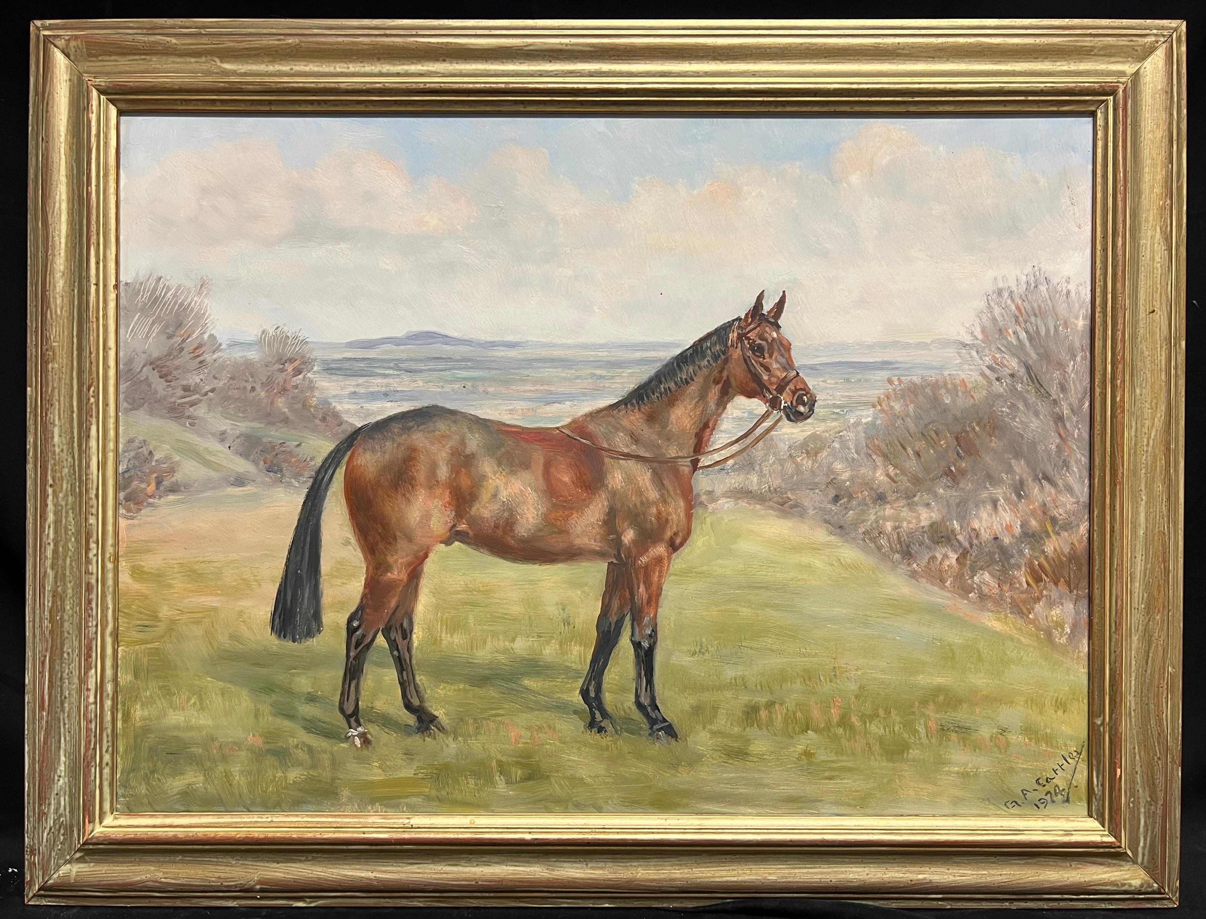 Vintage English Oil Equestrian Portrait Chestnut Horse Countryside Landscape - Painting by Major George Catley
