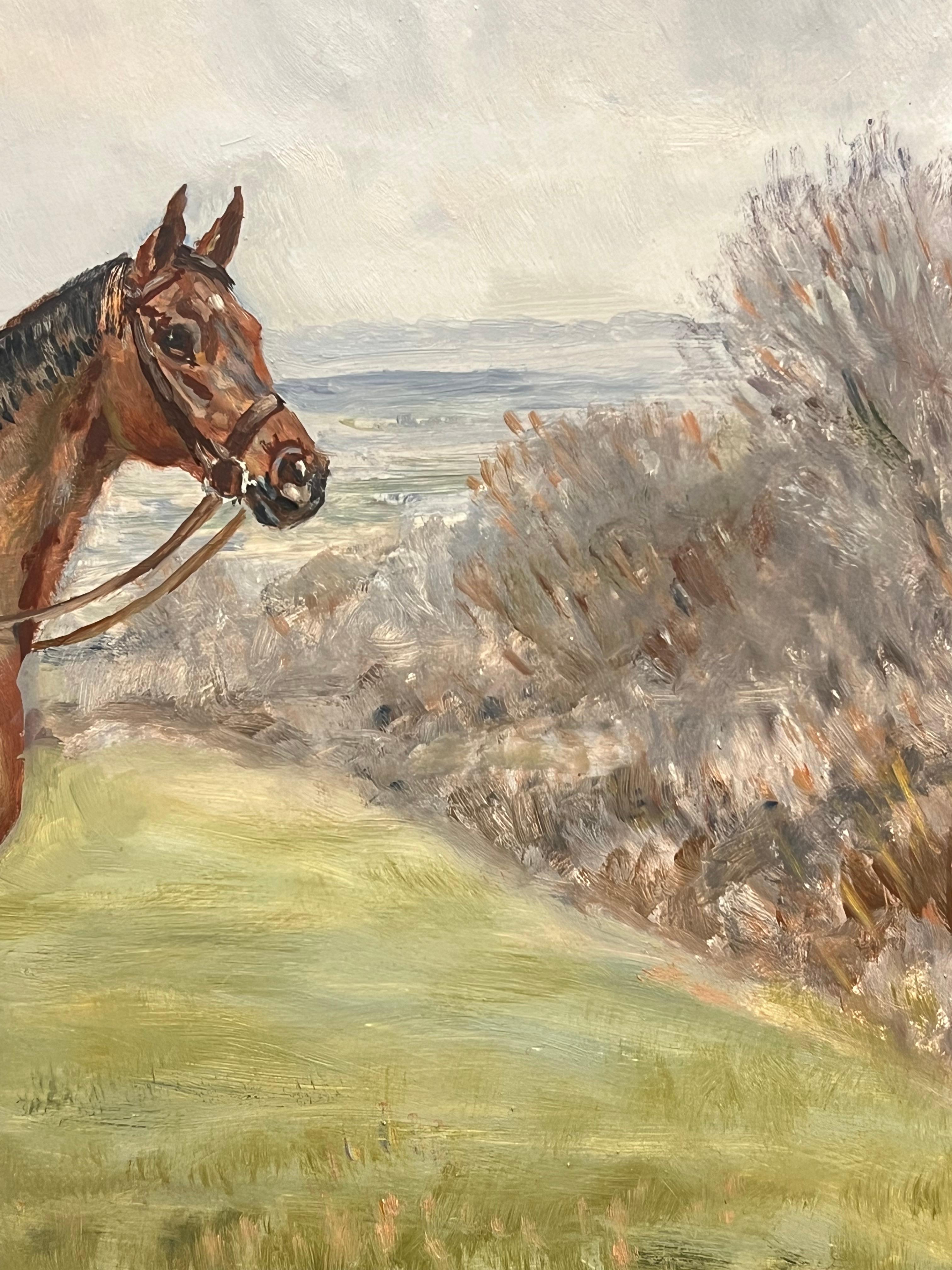 Vintage English Oil Equestrian Portrait Chestnut Horse Countryside Landscape - Beige Animal Painting by Major George Catley