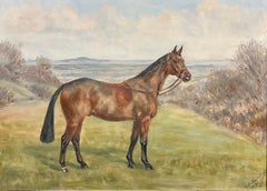Vintage English Oil Equestrian Portrait Chestnut Horse Countryside Landscape