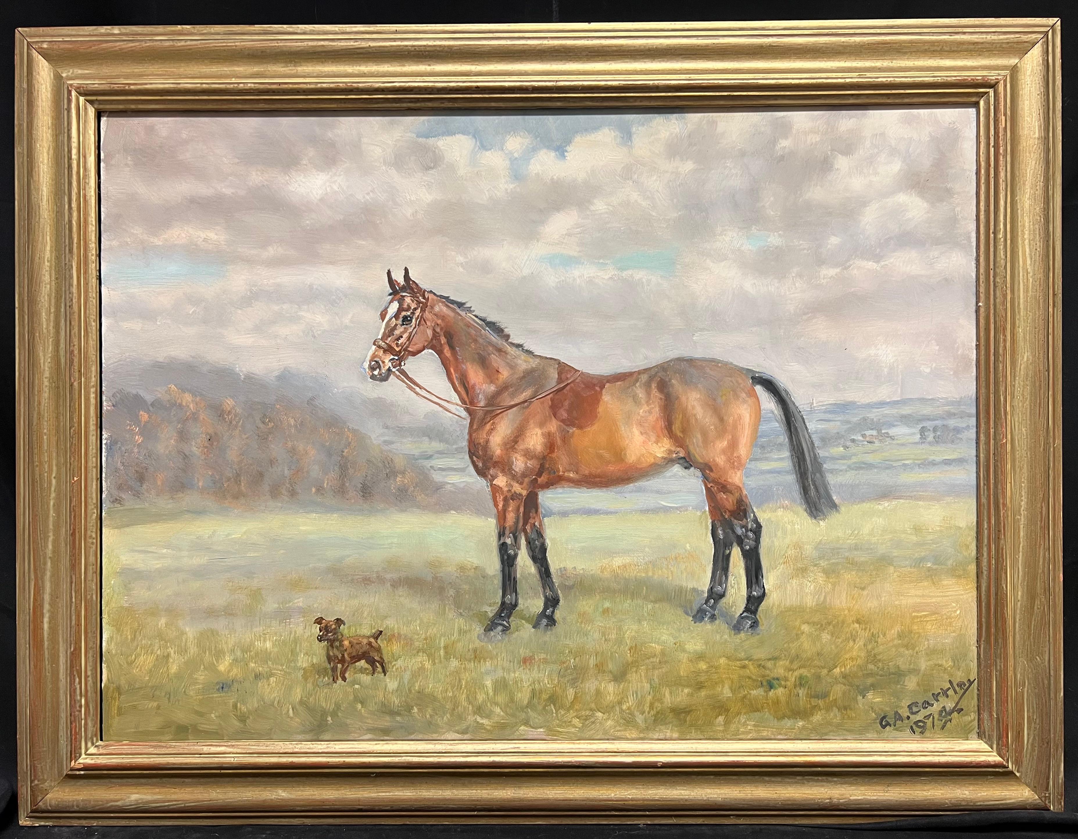 Vintage English Portrait of Horse & Terrier Dog in Countryside Oil Painting - Beige Animal Painting by Major George Catley